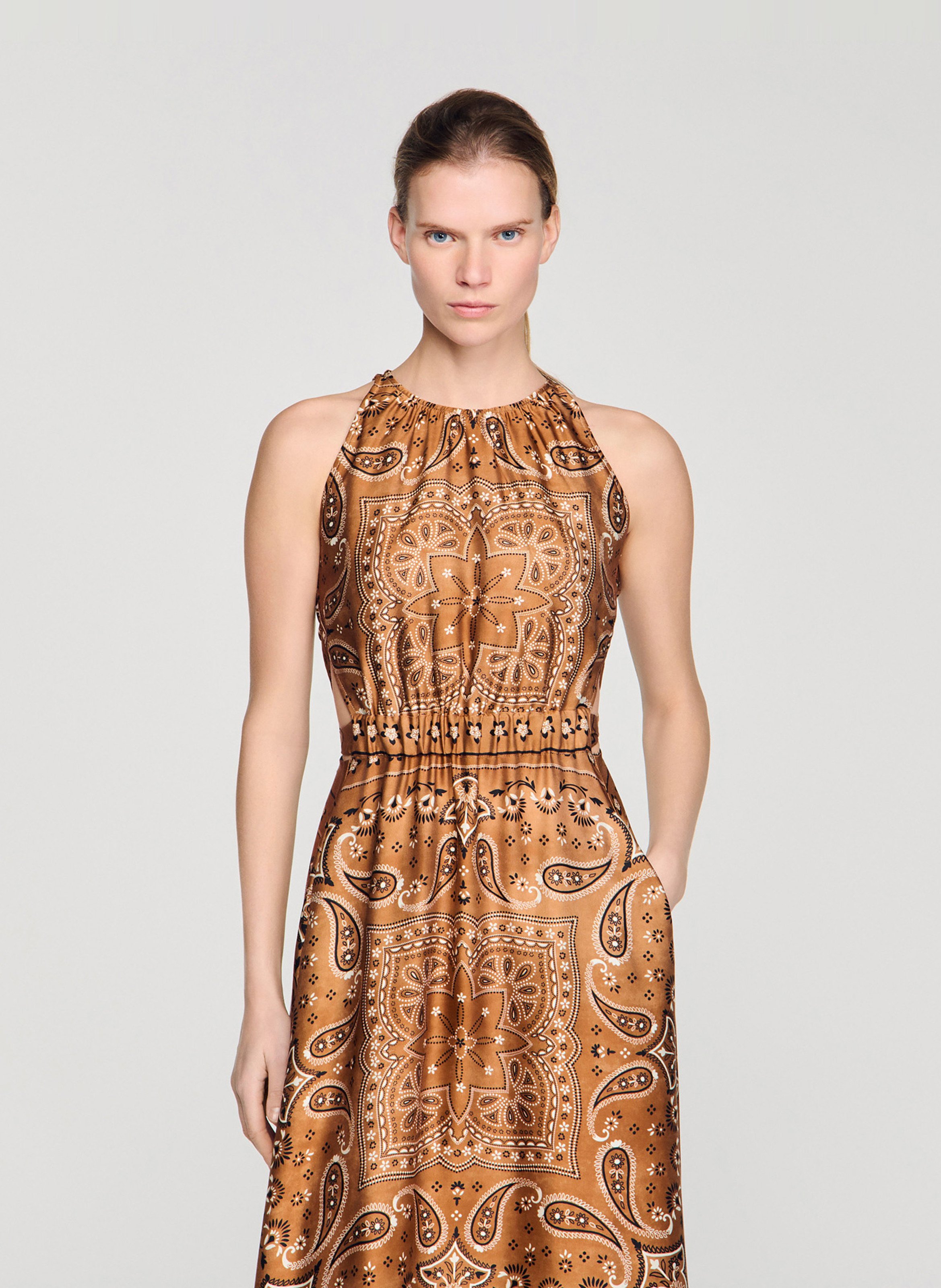 Long printed round-neck dress SANDRO Brown