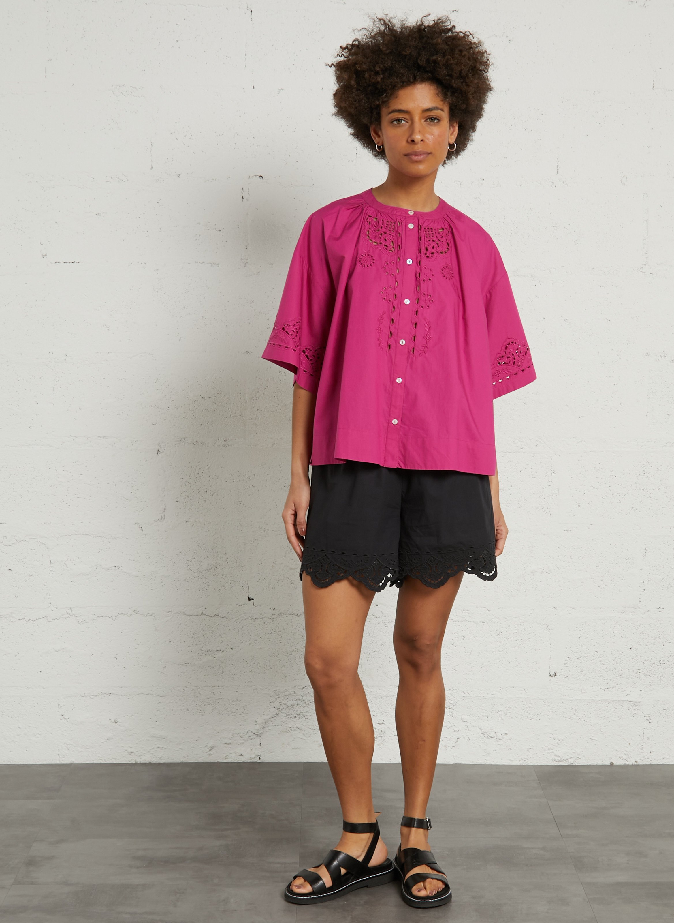 Loose round neck shirt with openwork embroidery in organic cotton LOUISE MISHA Pink