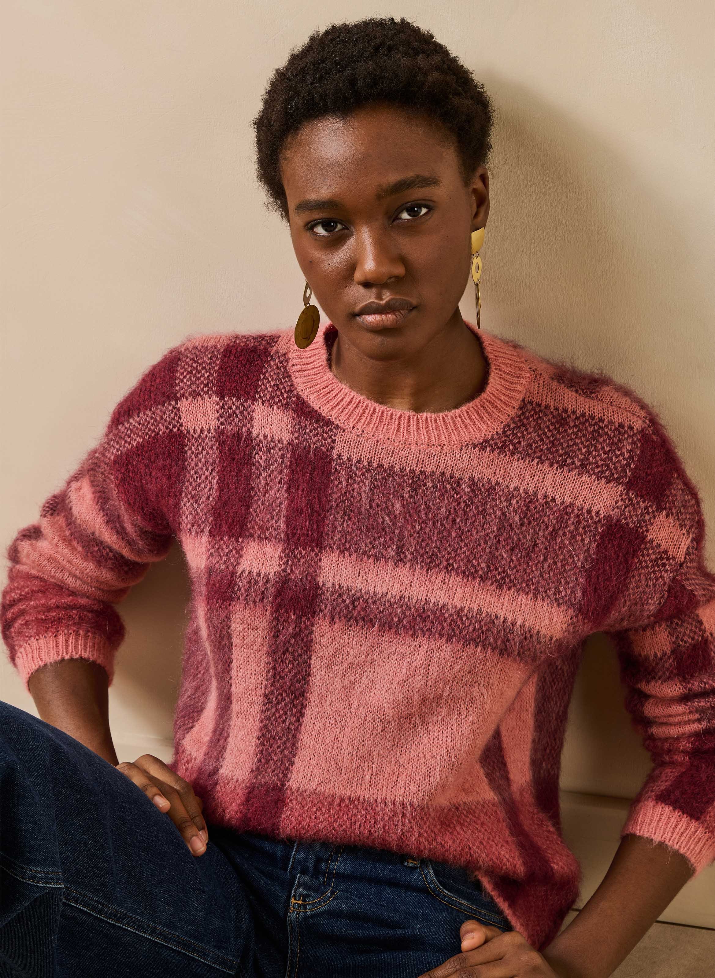 Pull jacquard motif carreaux en mohair mélangé LA FEE MARABOUTEE Rose