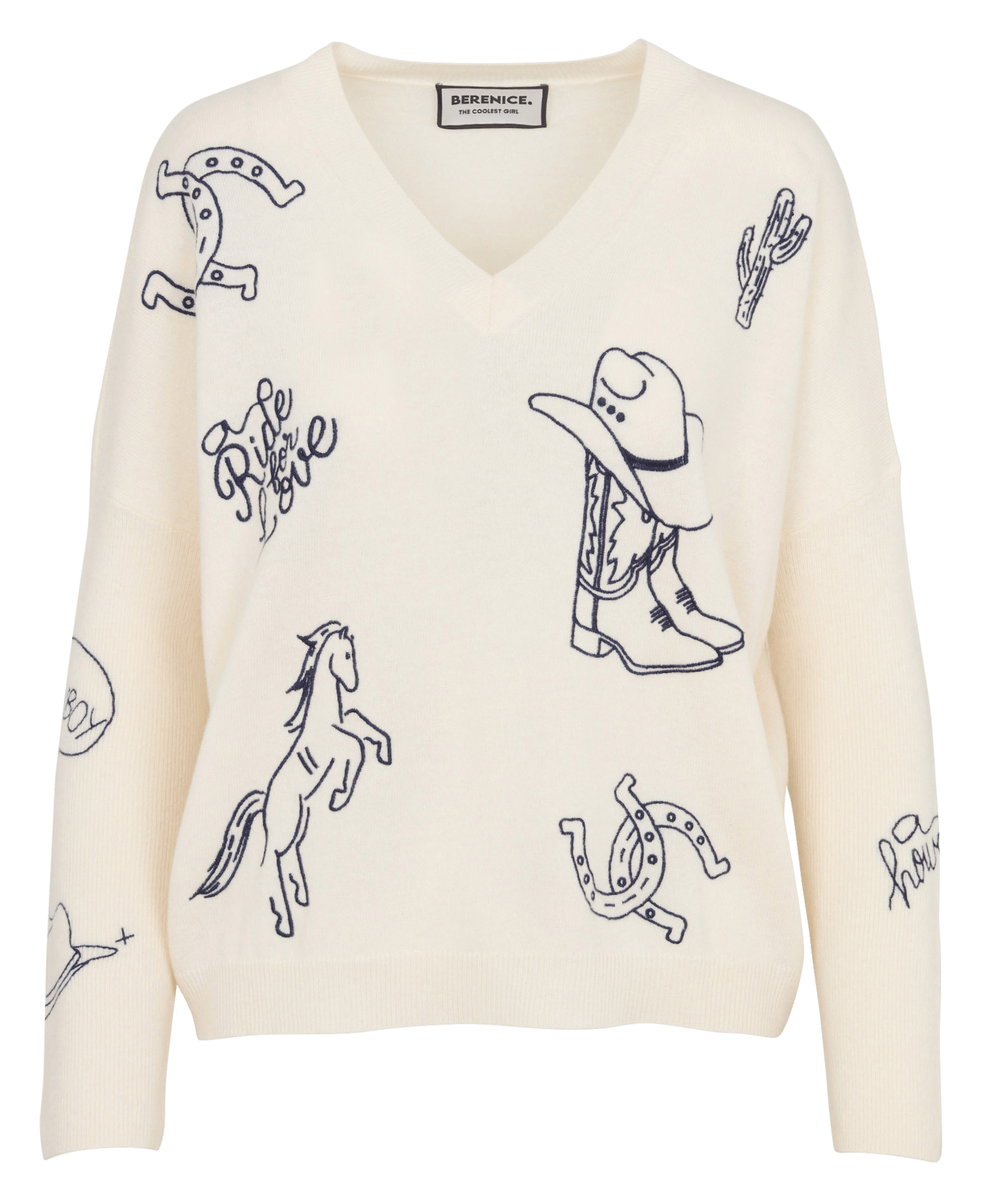 Weiter Pullover mit V-Ausschnitt aus bestickter Wolle BERENICE
