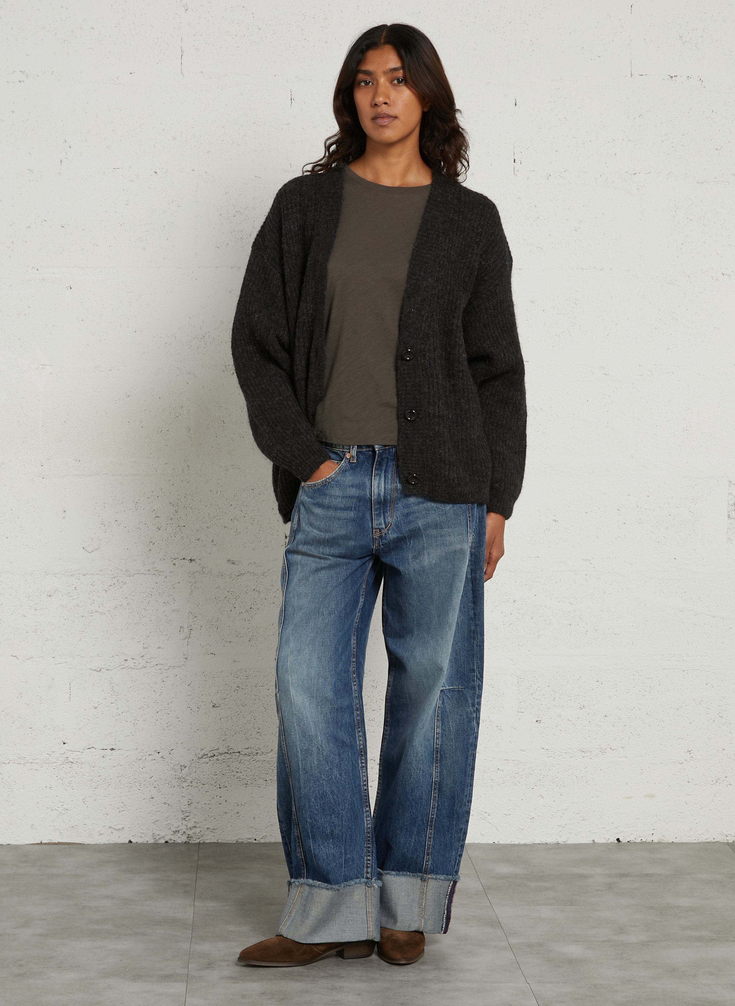 Loose-fit mixed-knit V-neck cardigan AMERICAN VINTAGE Grey