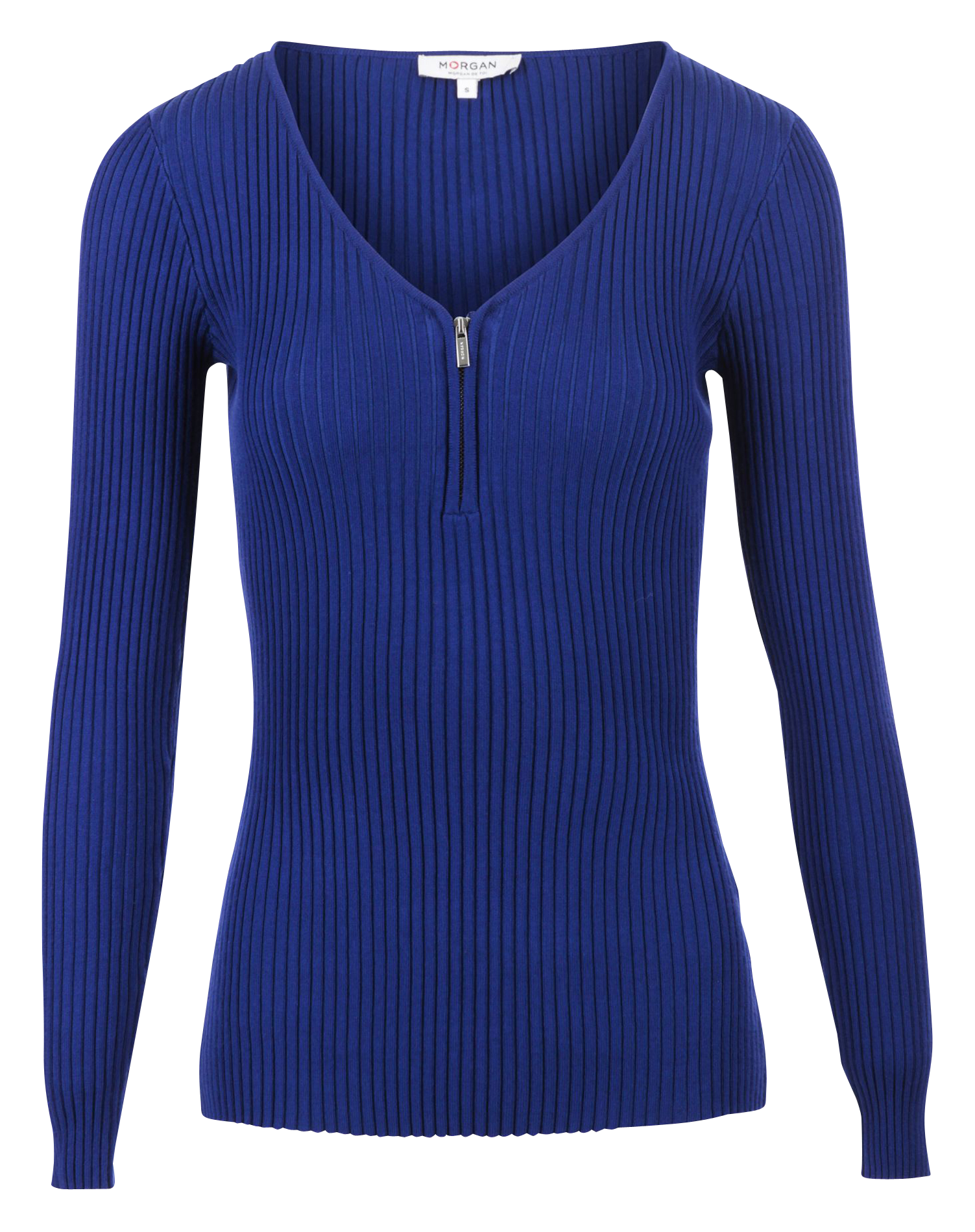 Trui van ribtricot met V-hals en rits MORGAN Blauw