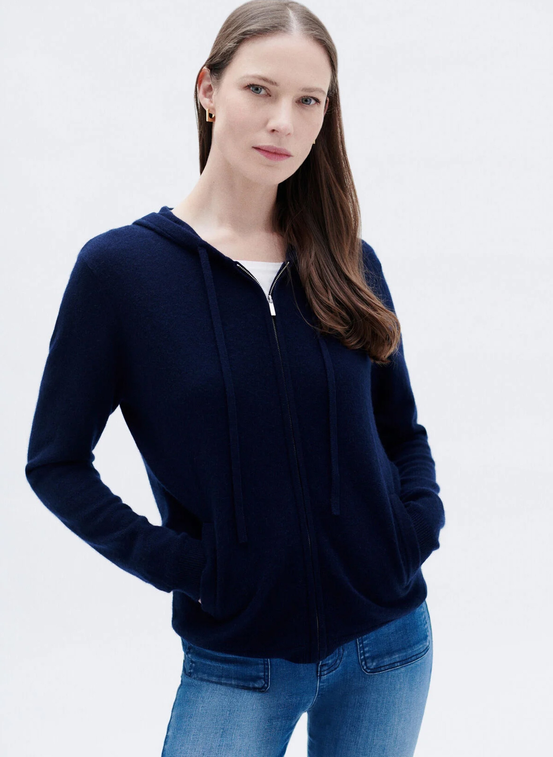 Straight wool and cashmere hooded cardigan CAROLL Blue