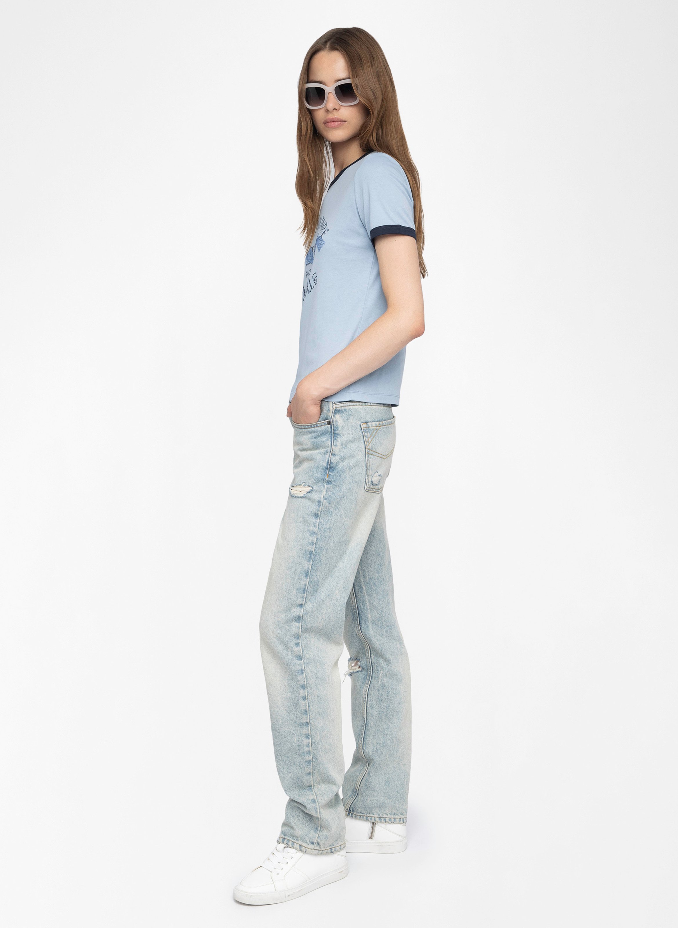 T-Shirt mit kontrastierenden kurzen Ärmeln Blau