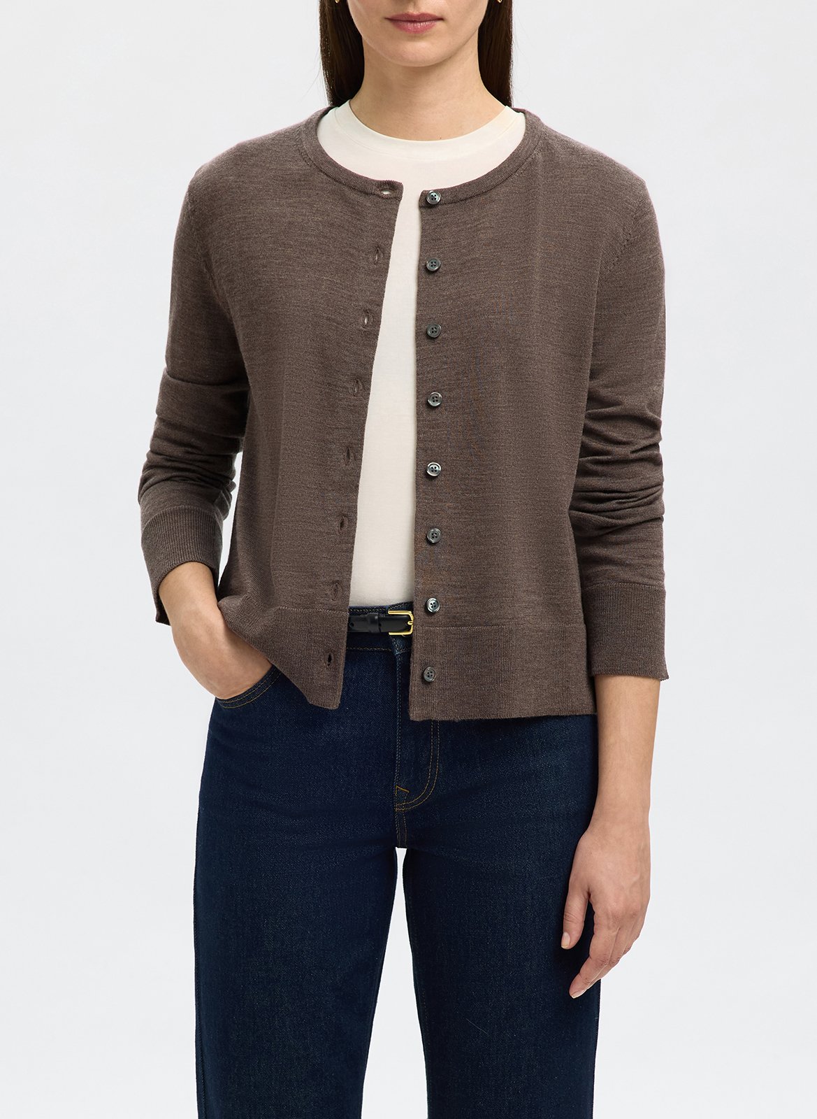 Cardigan droit boutonné chiné SELECTED Marron