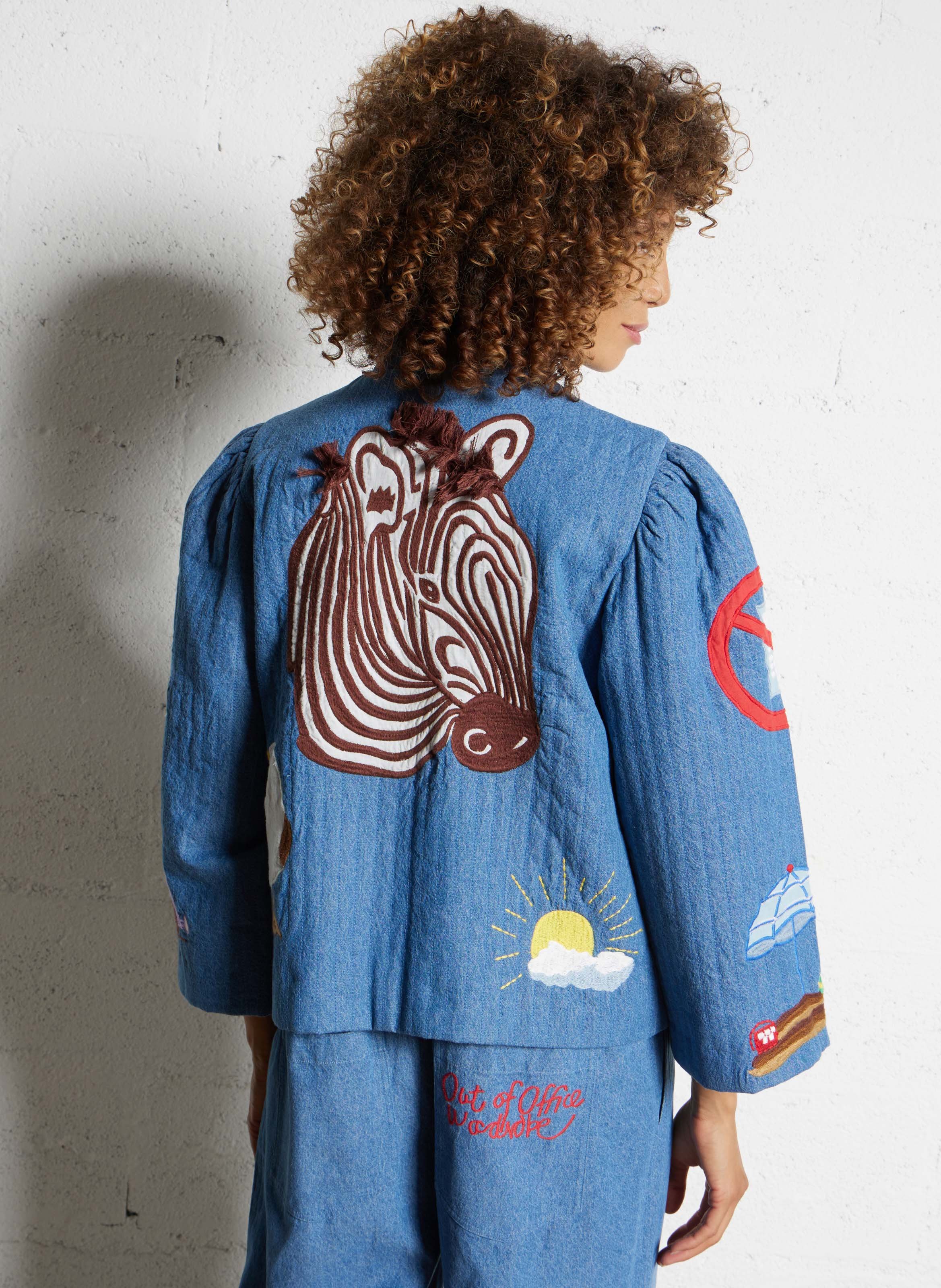 Veste col montant en denim de coton STELLA NOVA Bleu