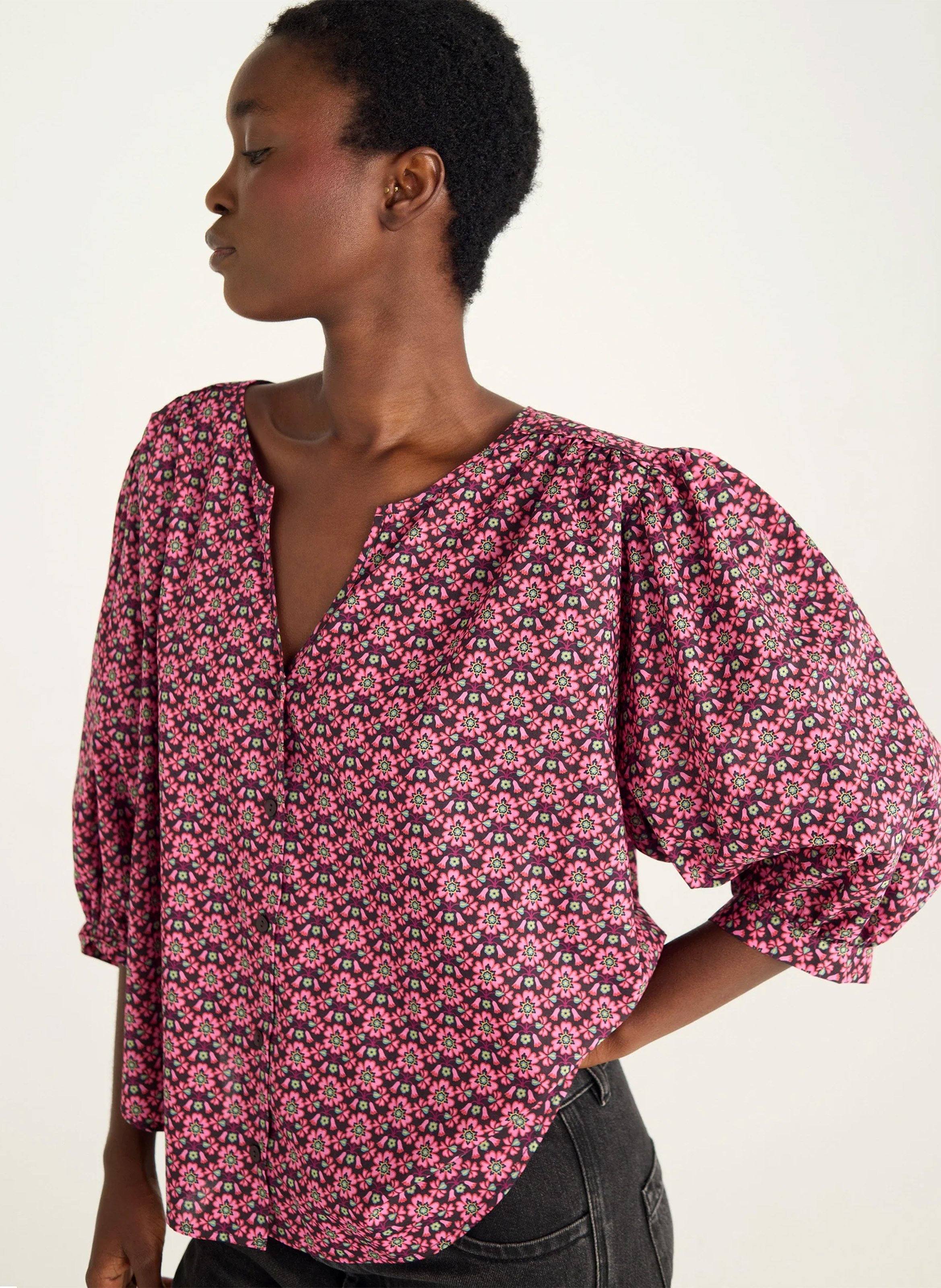 Blouse col tunisien imprimée COTELAC Rouge