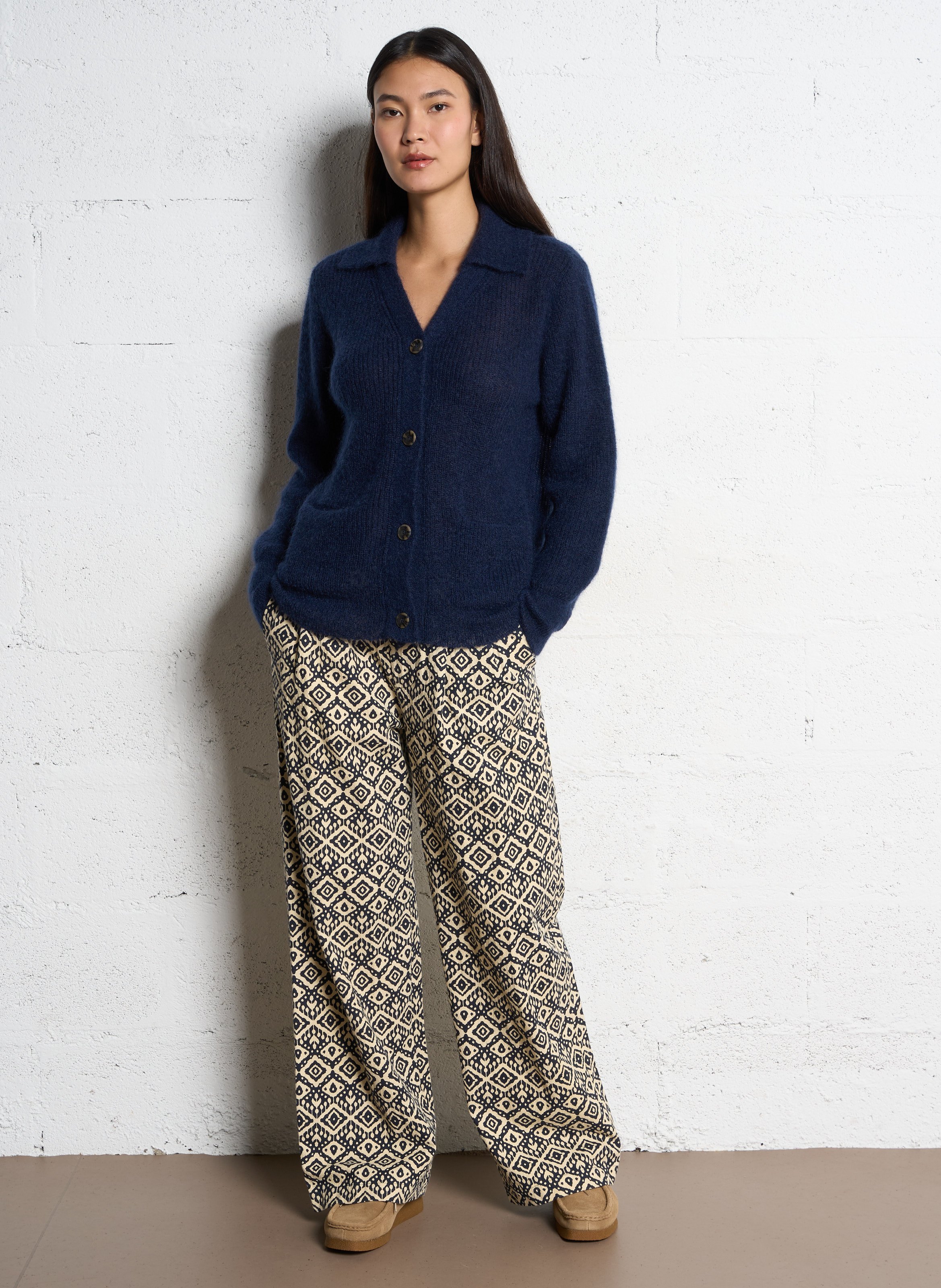 Cardigan col classique en laine mélangée LEON & HARPER Bleu