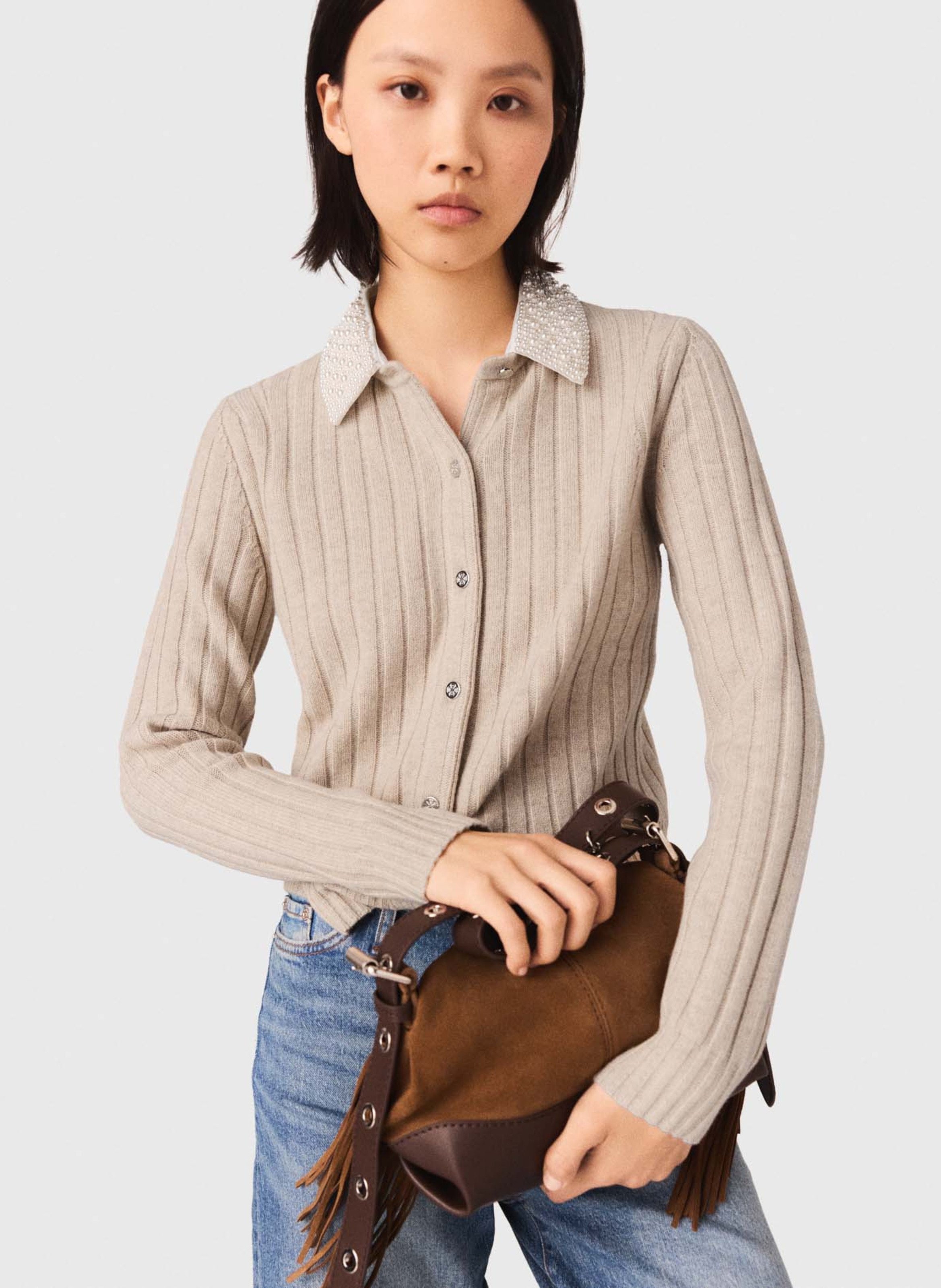 Cárdigan recto con cuello desmontable de lana mezclada MAJE Beige