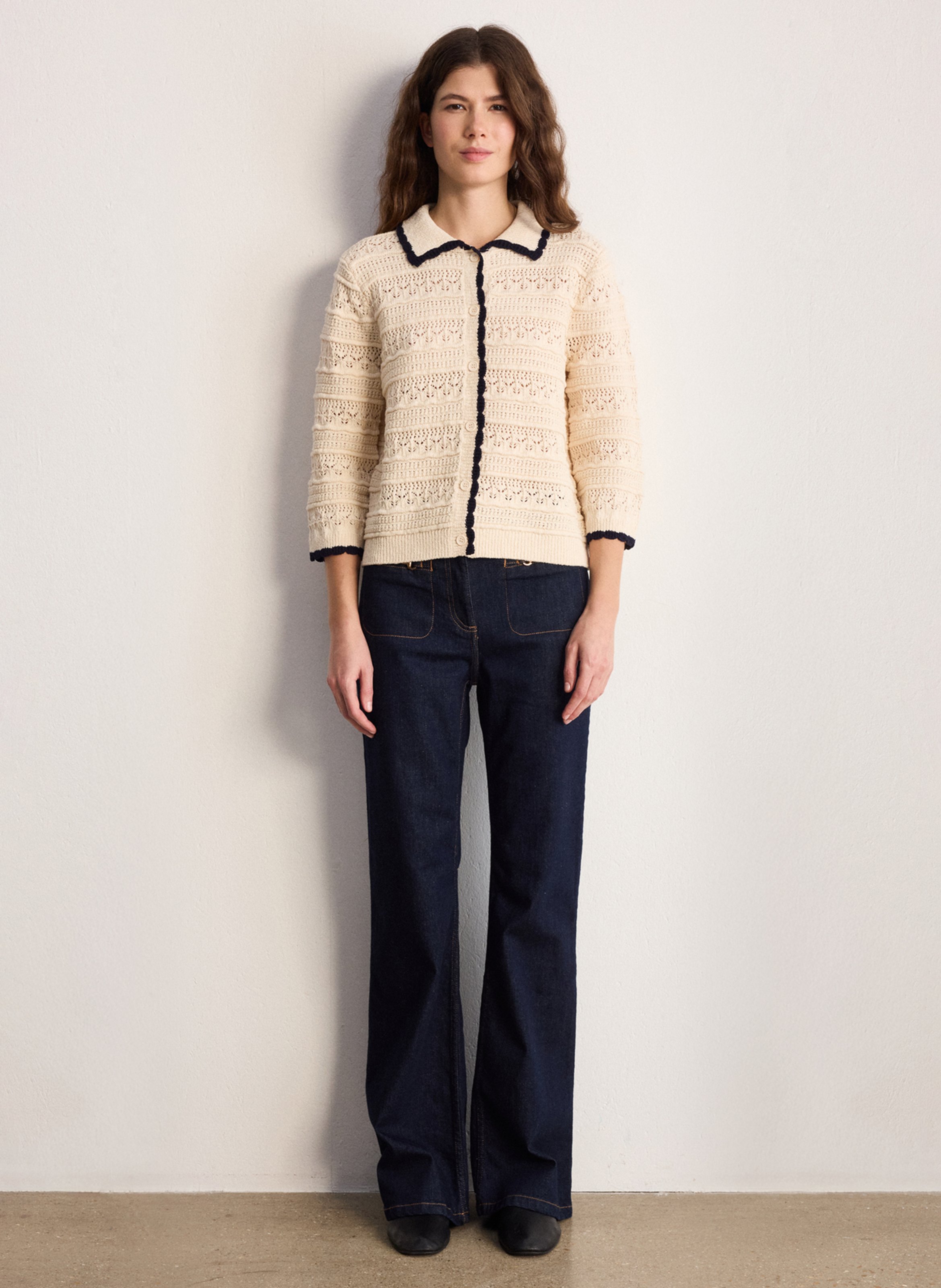 Gilet droit col classique en coton mélangé ajouré PABLO Beige