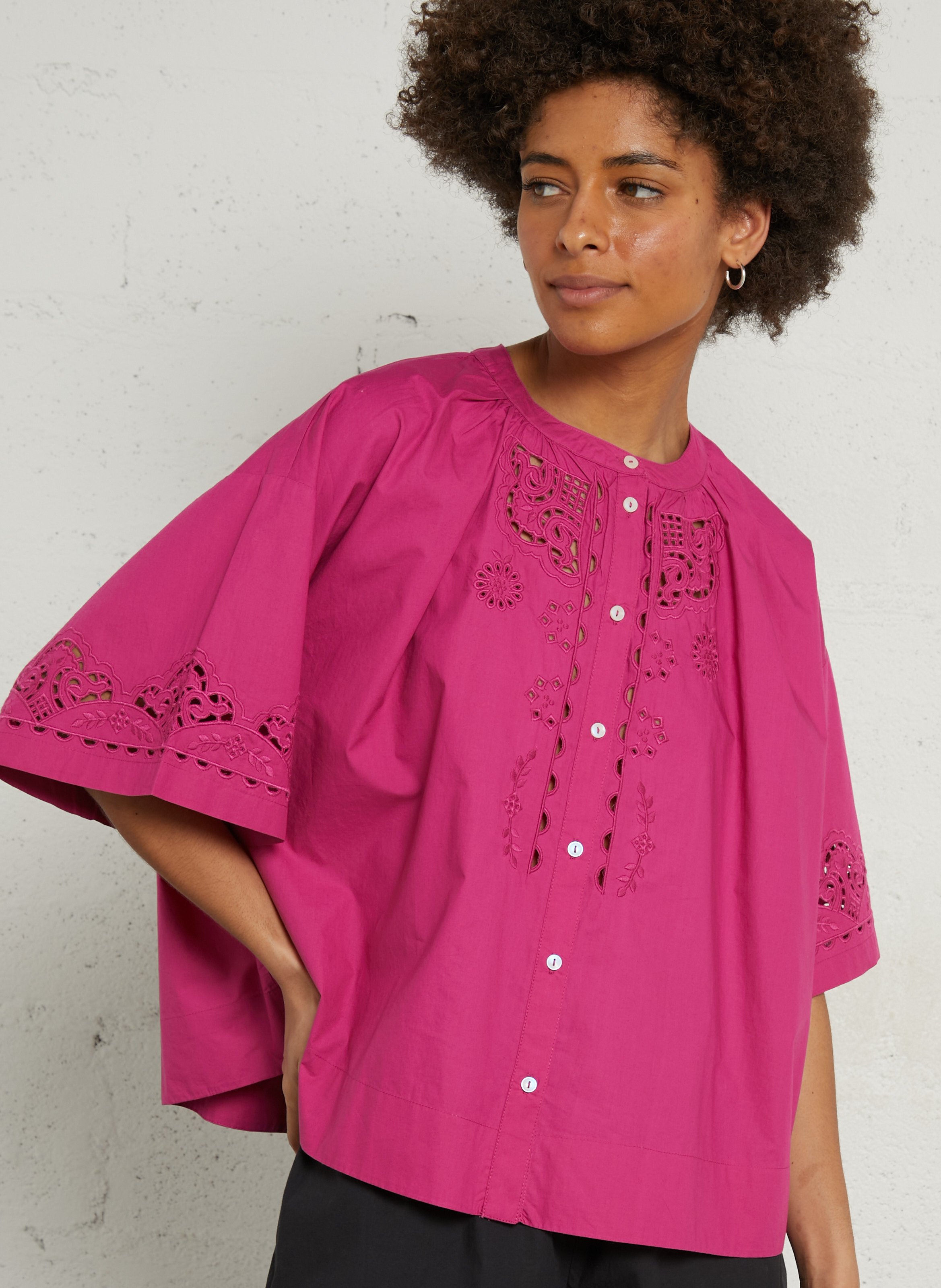 Loose round neck shirt with openwork embroidery in organic cotton LOUISE MISHA Pink