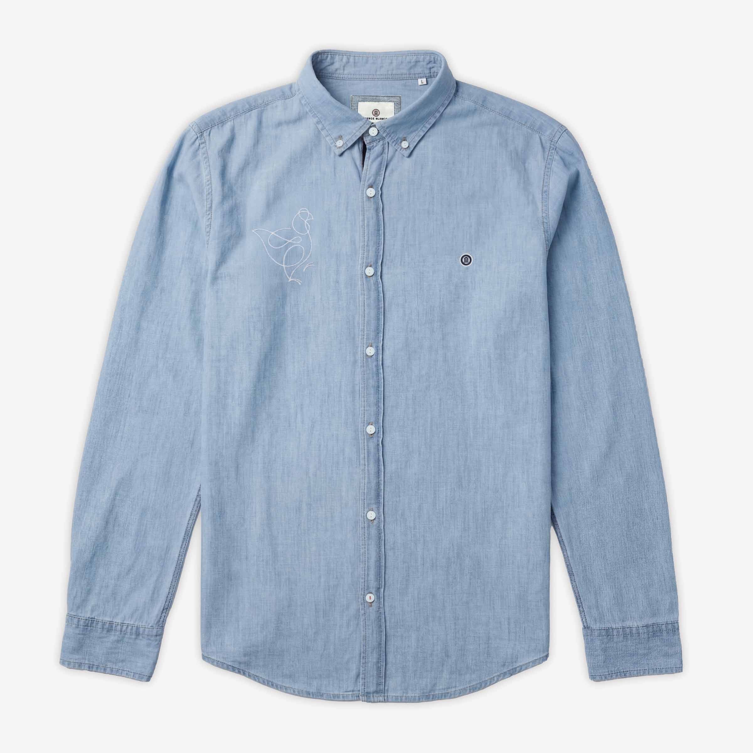 Long-sleeved cotton shirt with tricolor trim embroidery. SERGE BLANCO Blue