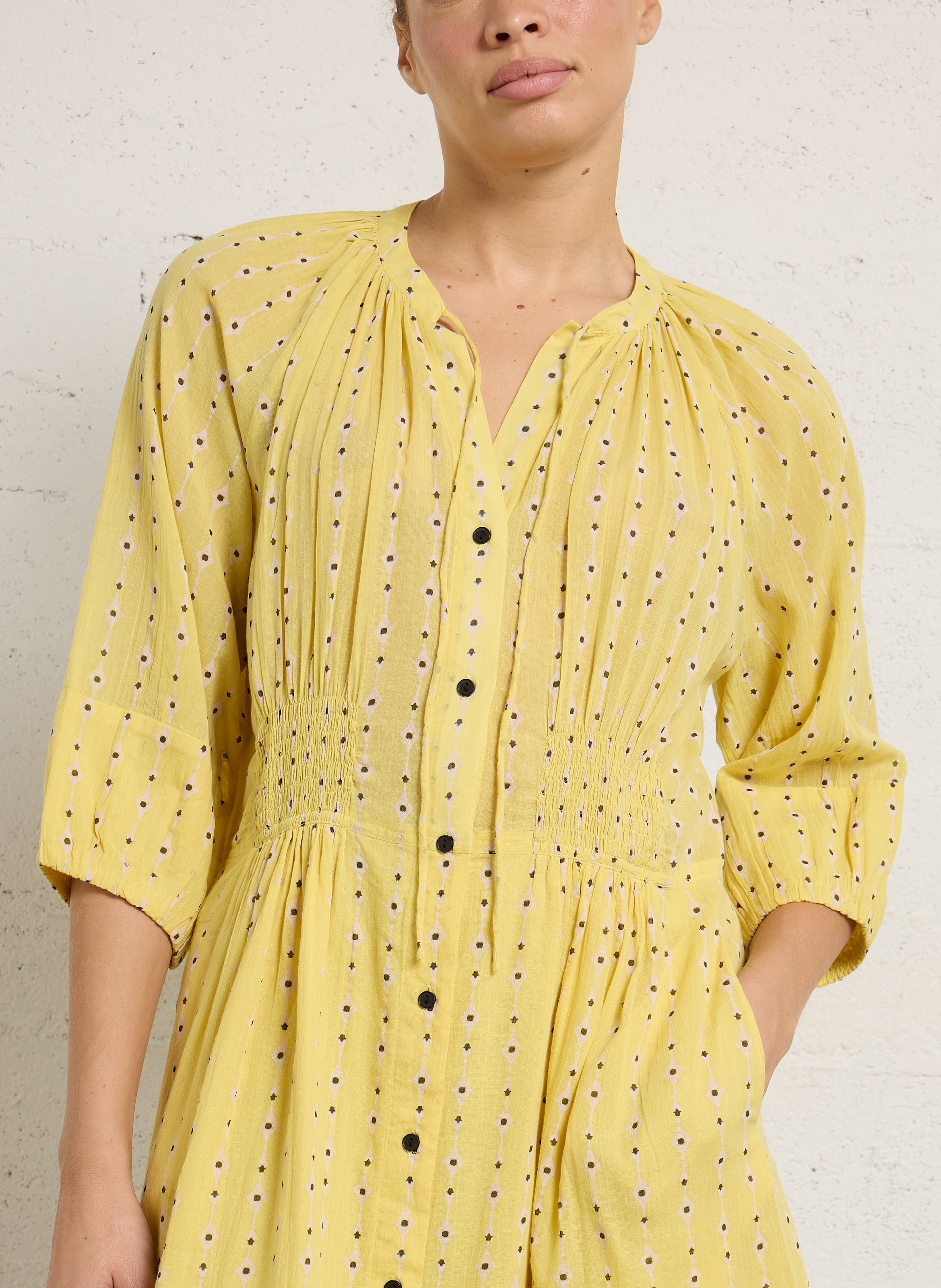 Langes Rundhals-Bio-Baumwolldruckkleid LEON & HARPER Gelb