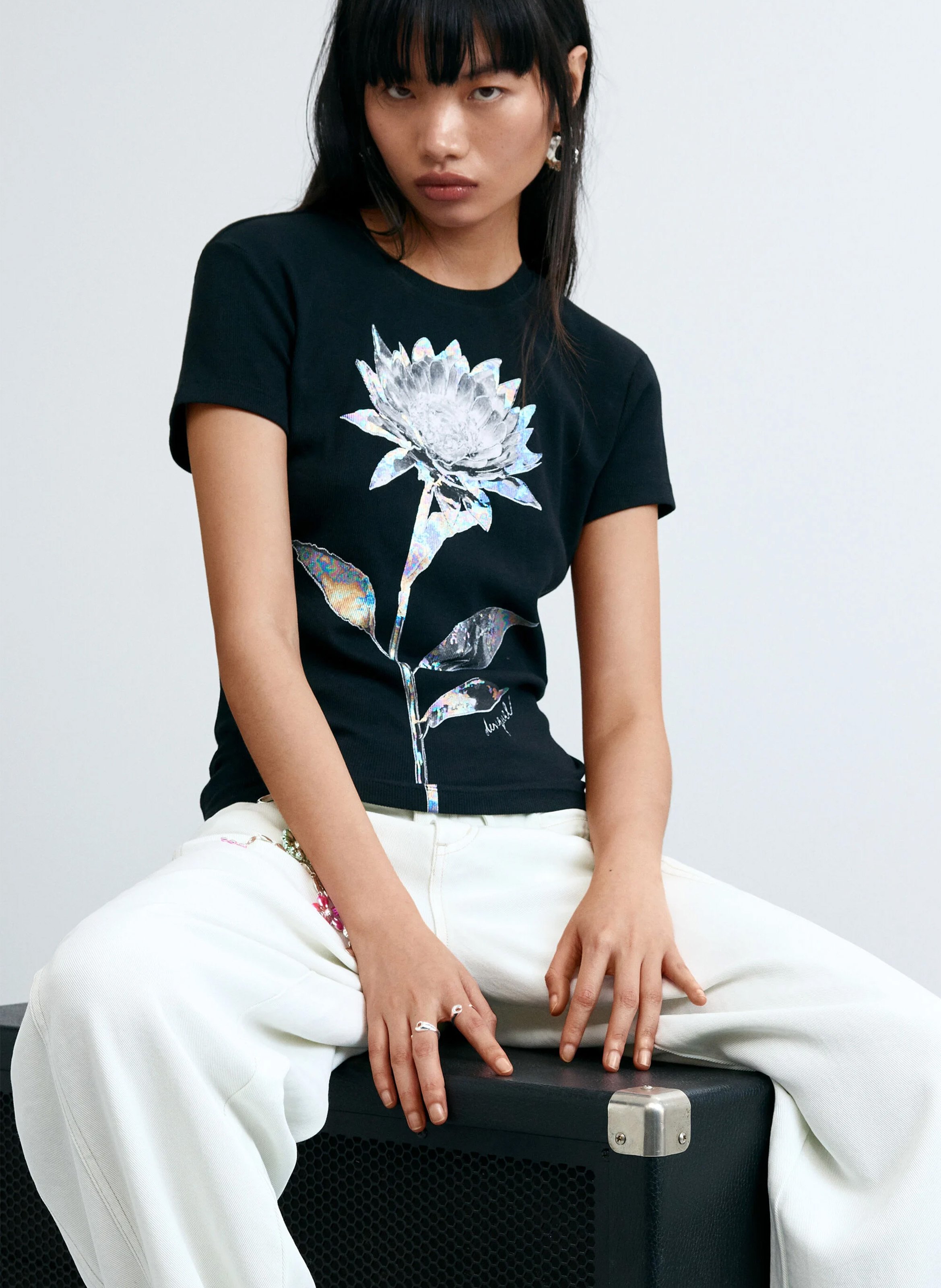 Tee-shirt droit col rond en coton mélangé imprimé DESIGUAL Noir