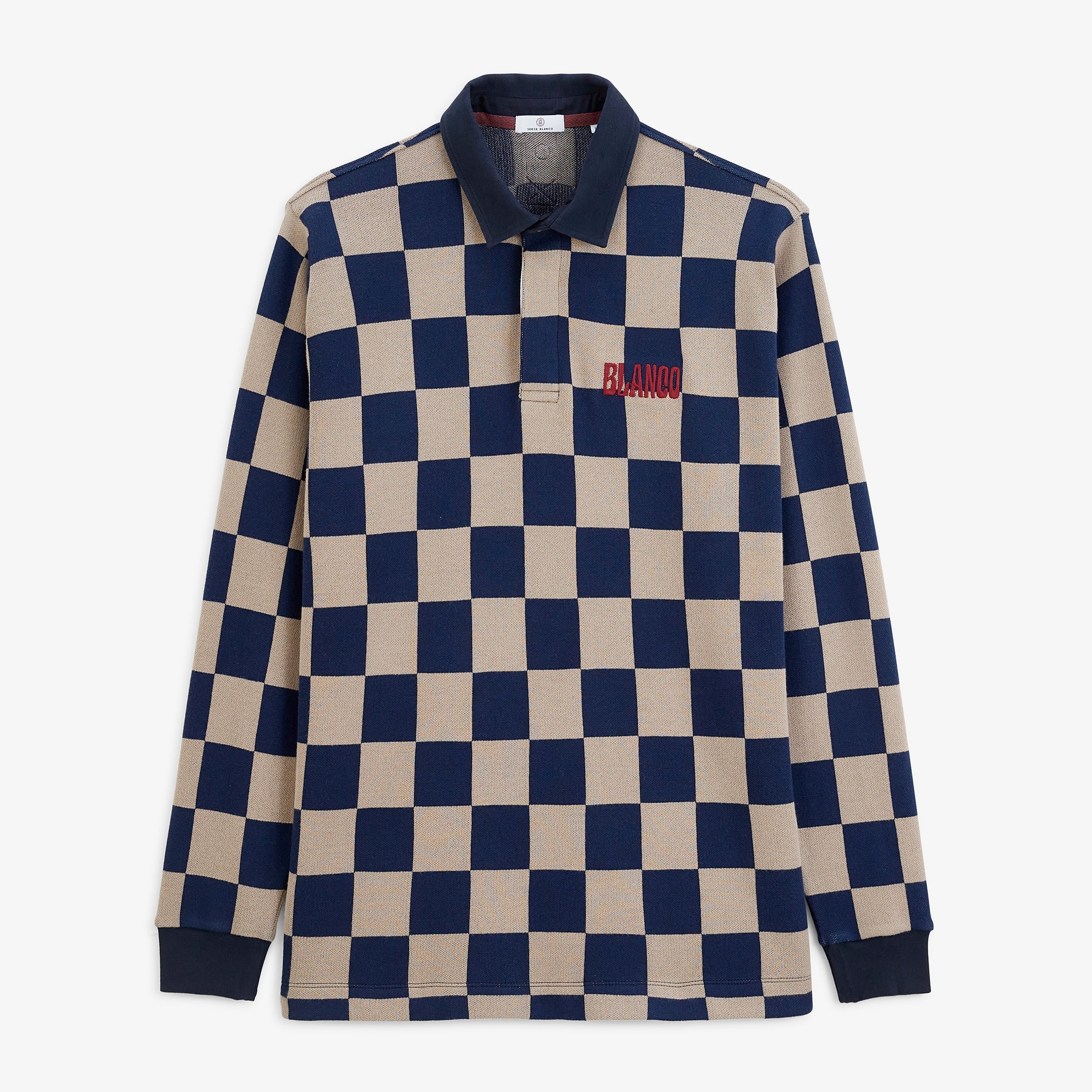 Long-sleeved rugby polo shirt with check print and Blanco embroidery in travertine beige SERGE BLANCO Beige