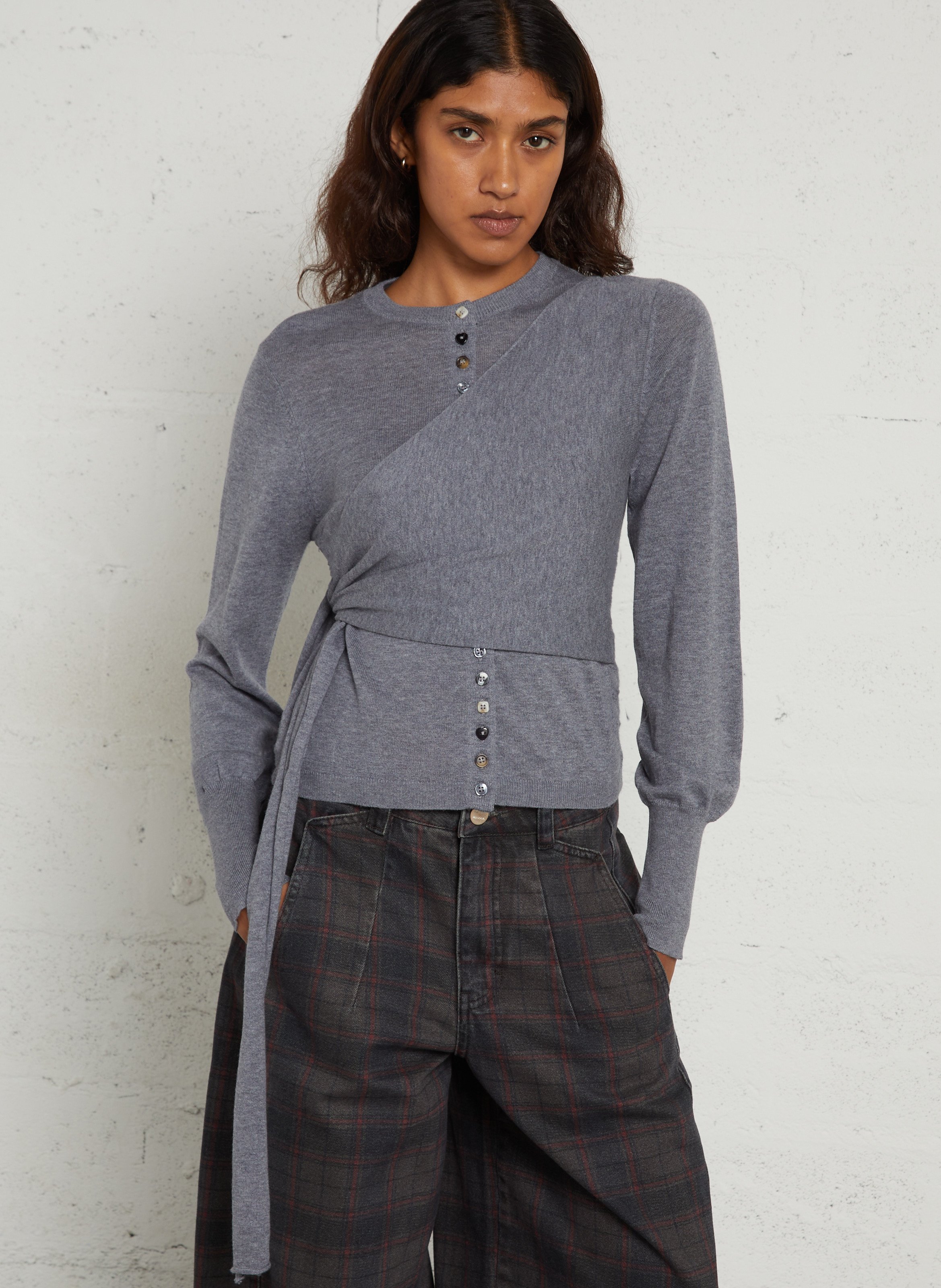 Cardigan droit col rond noué en laine DAMSON MADDER Gris