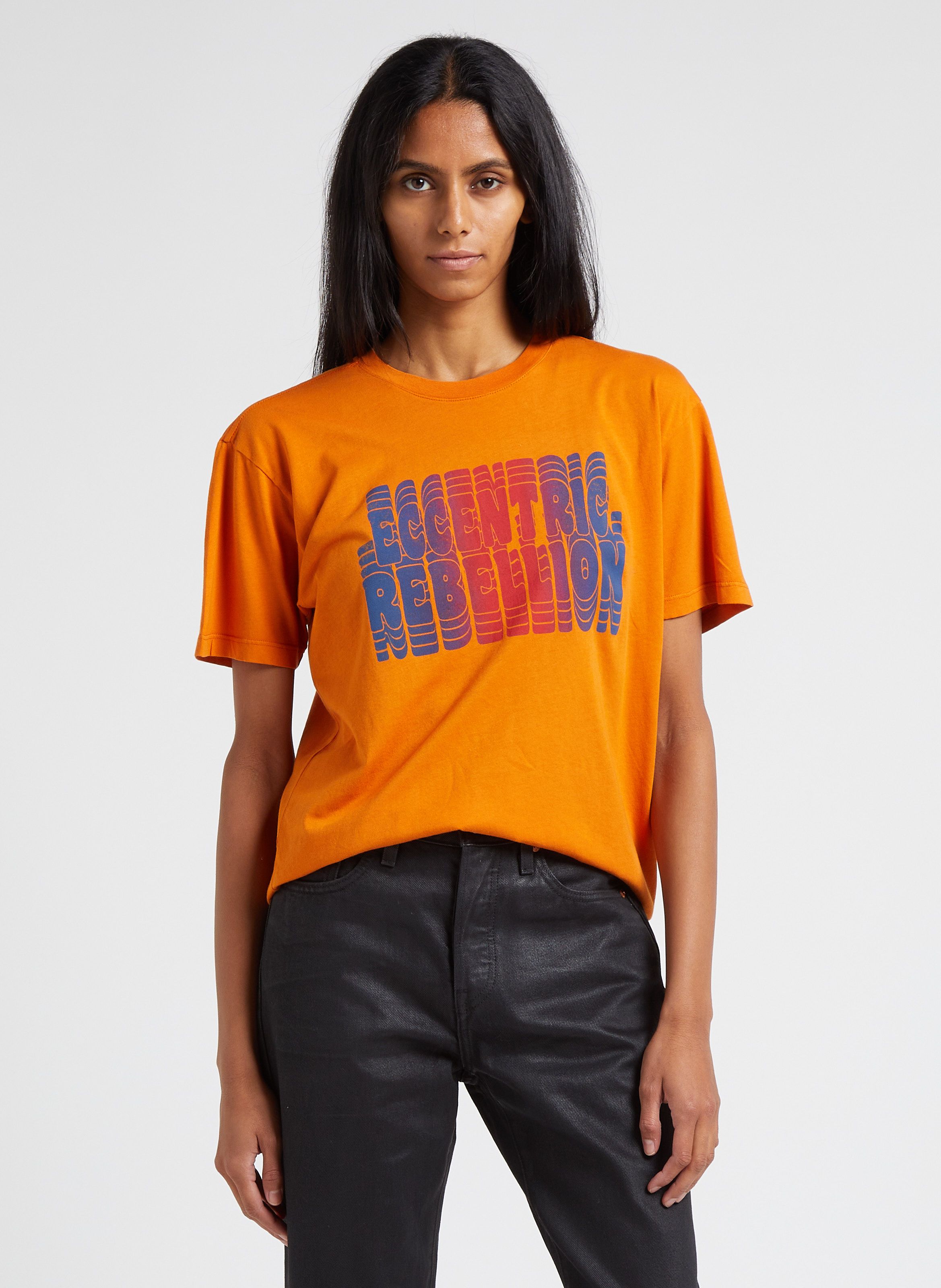 Orange Round neck cotton T shirt with screen print