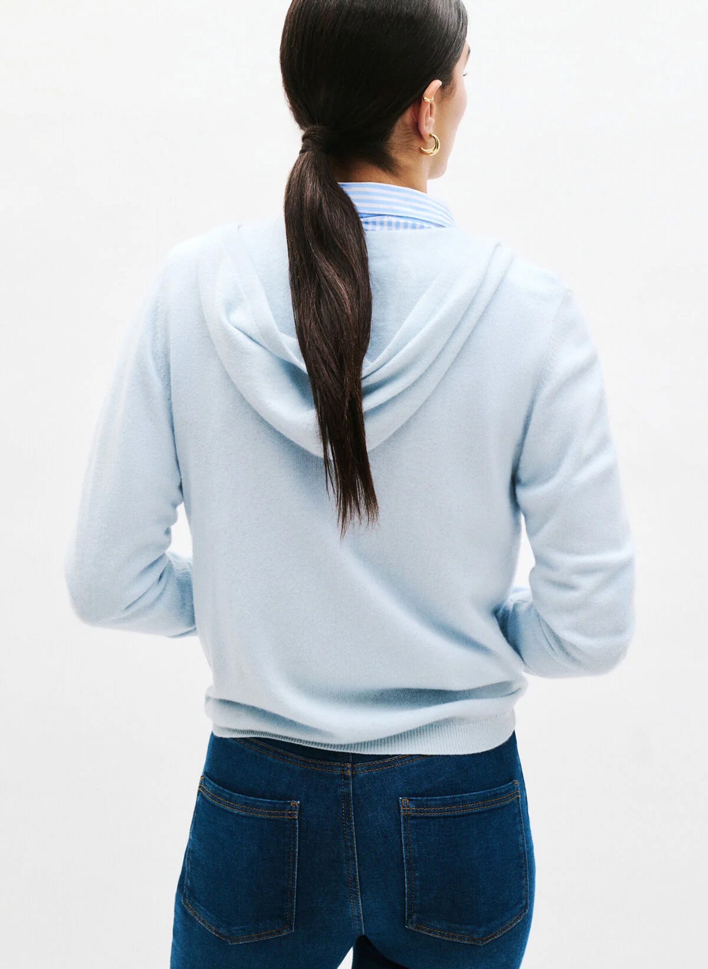 Gerader Woll- und Kaschmir-Strickmantel mit Kapuze Blau