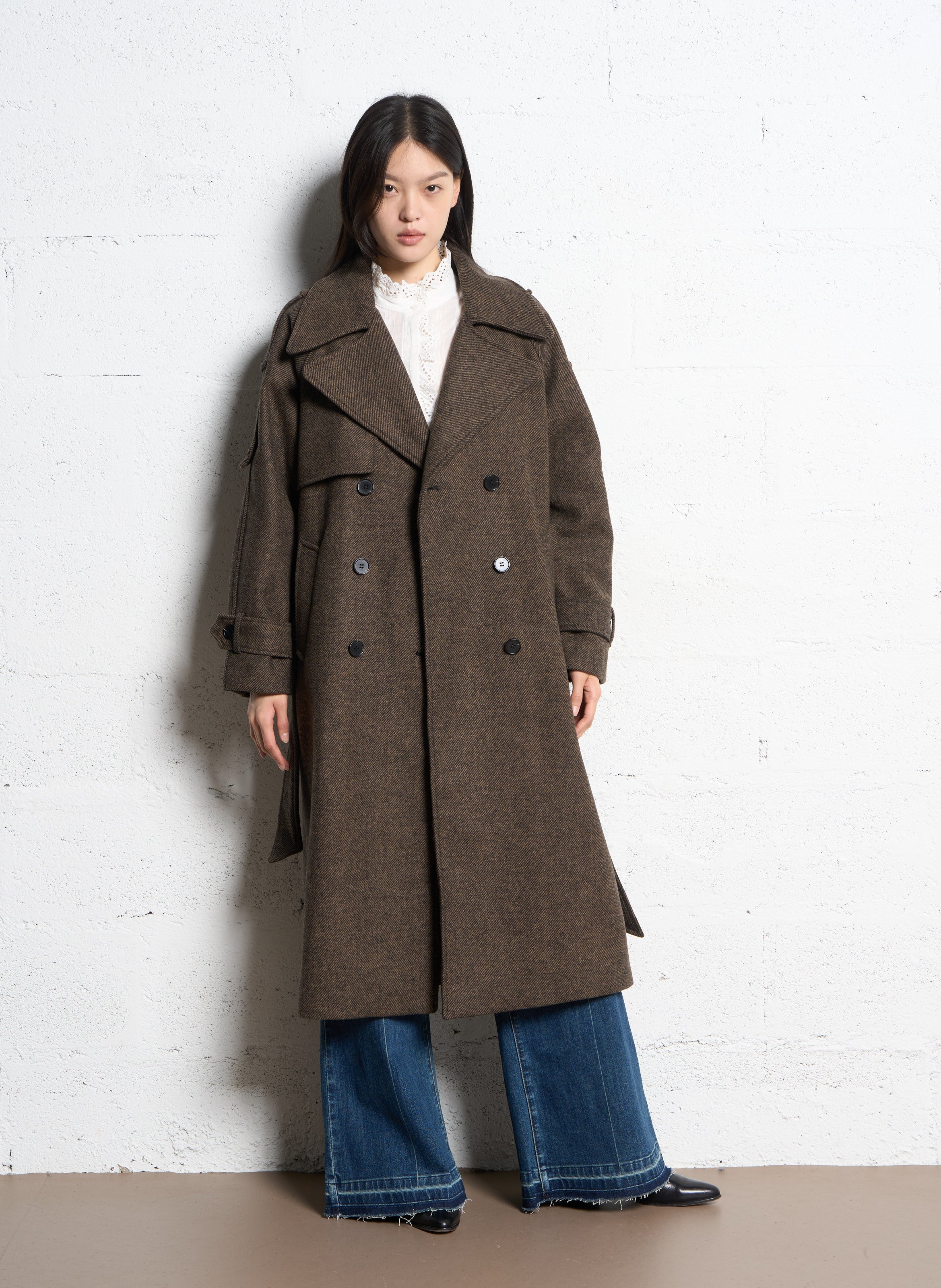 Langmantel mit Knopfleiste und Gürtel SUNCOO Braun