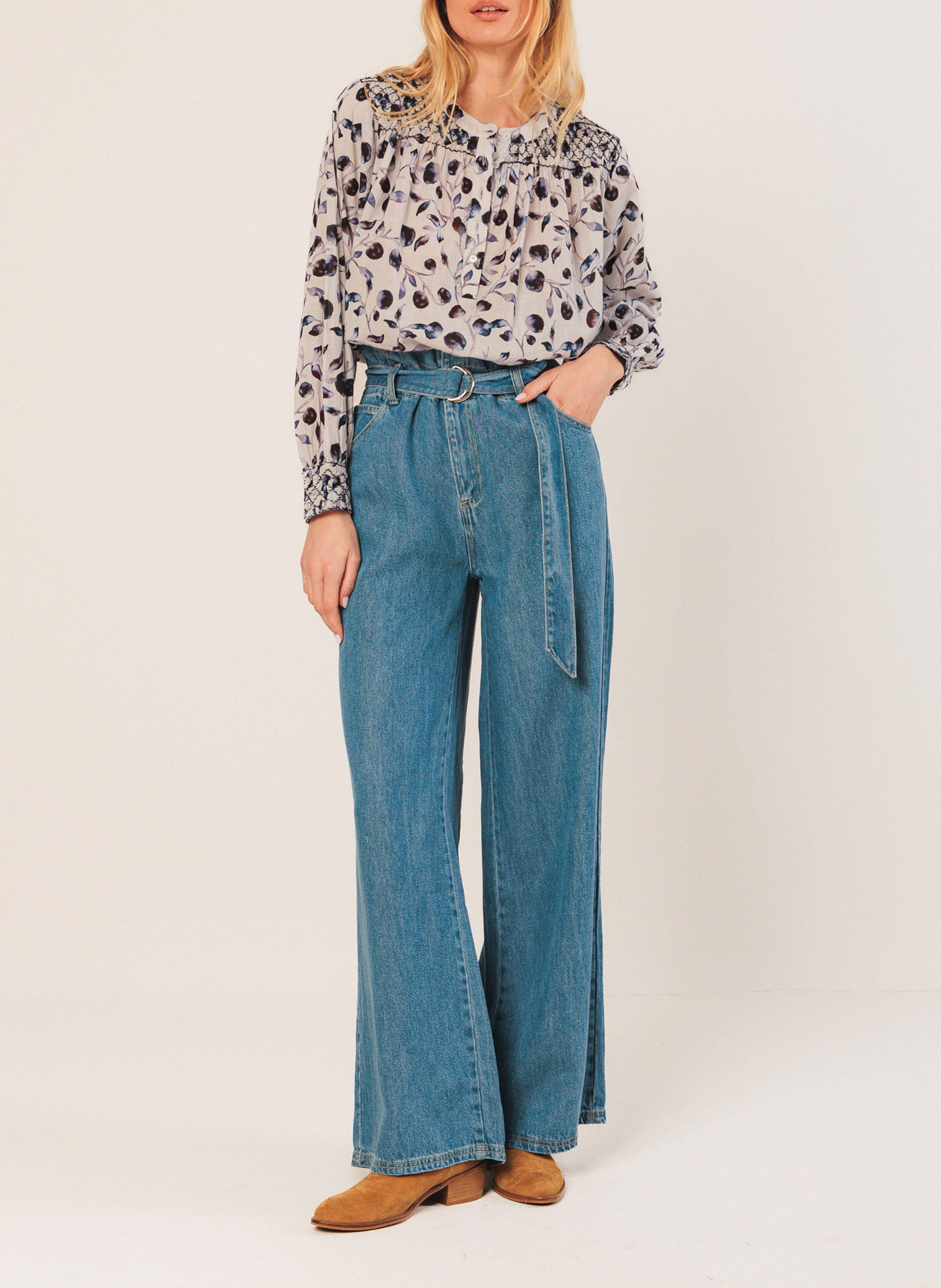 Loose-fit cotton blouse with round neck INDI & COLD Blue