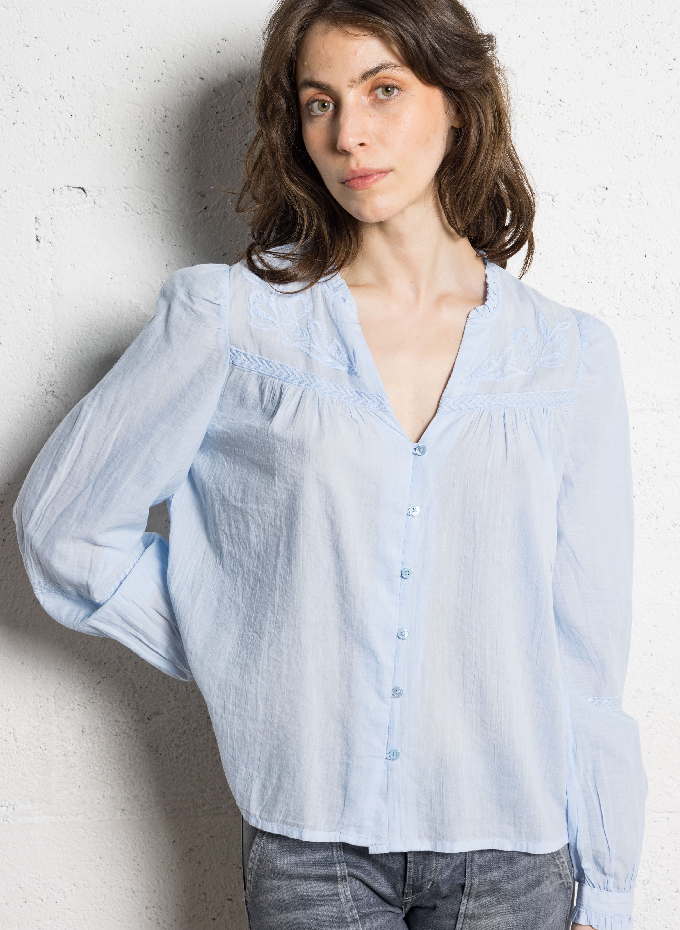 Chemise col V en coton LA PETITE ETOILE Bleu