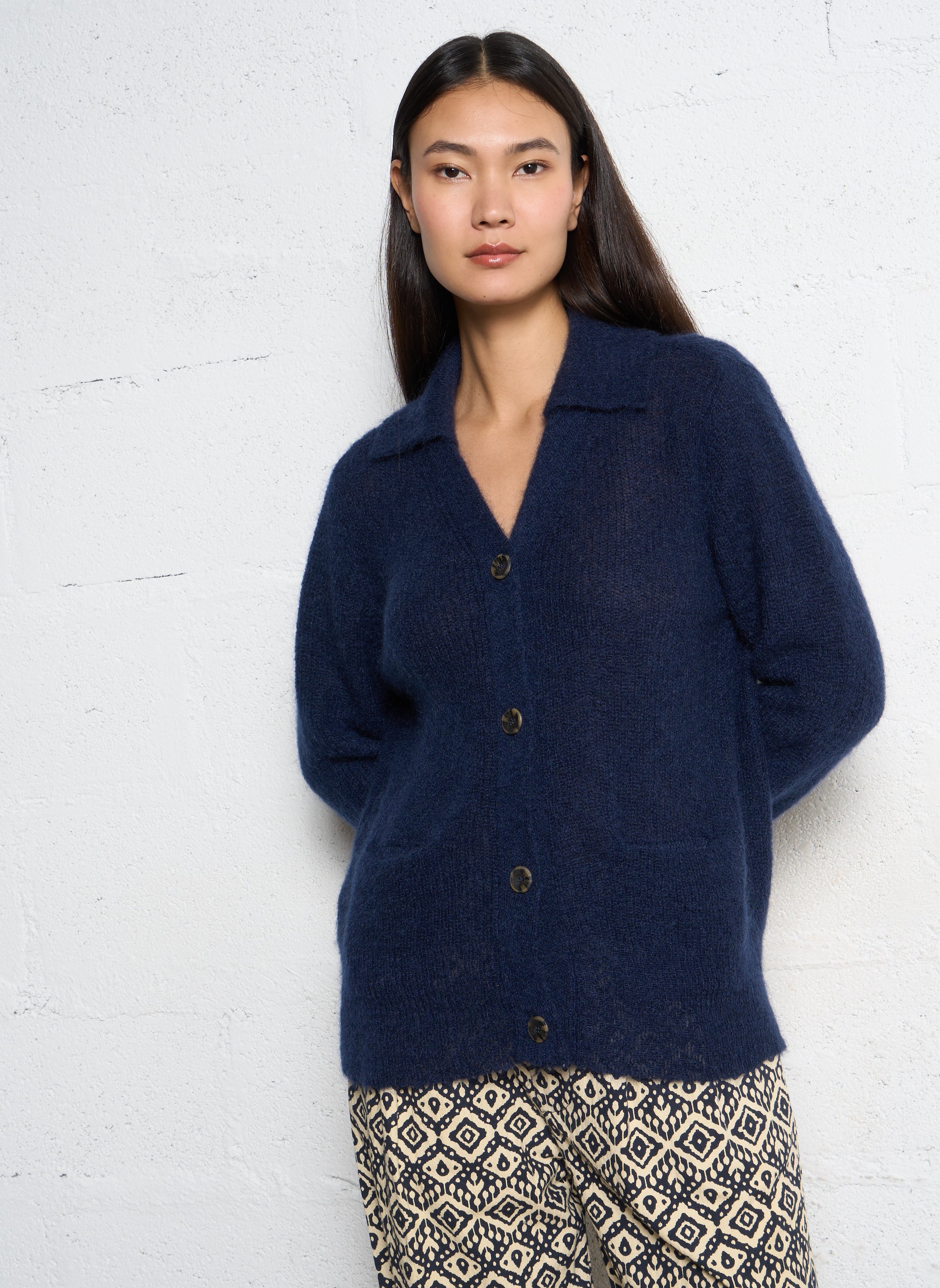 Cardigan col classique en laine mélangée LEON & HARPER Bleu