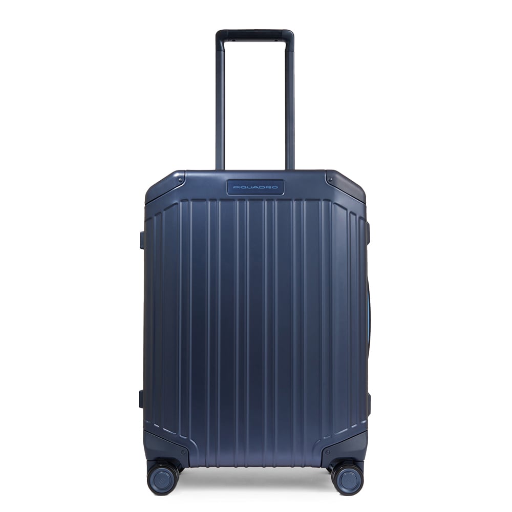 Cabin trolley suitcase with 4 wheels in aluminum and leather with TSA lock and connequ. PIQUADRO Blue