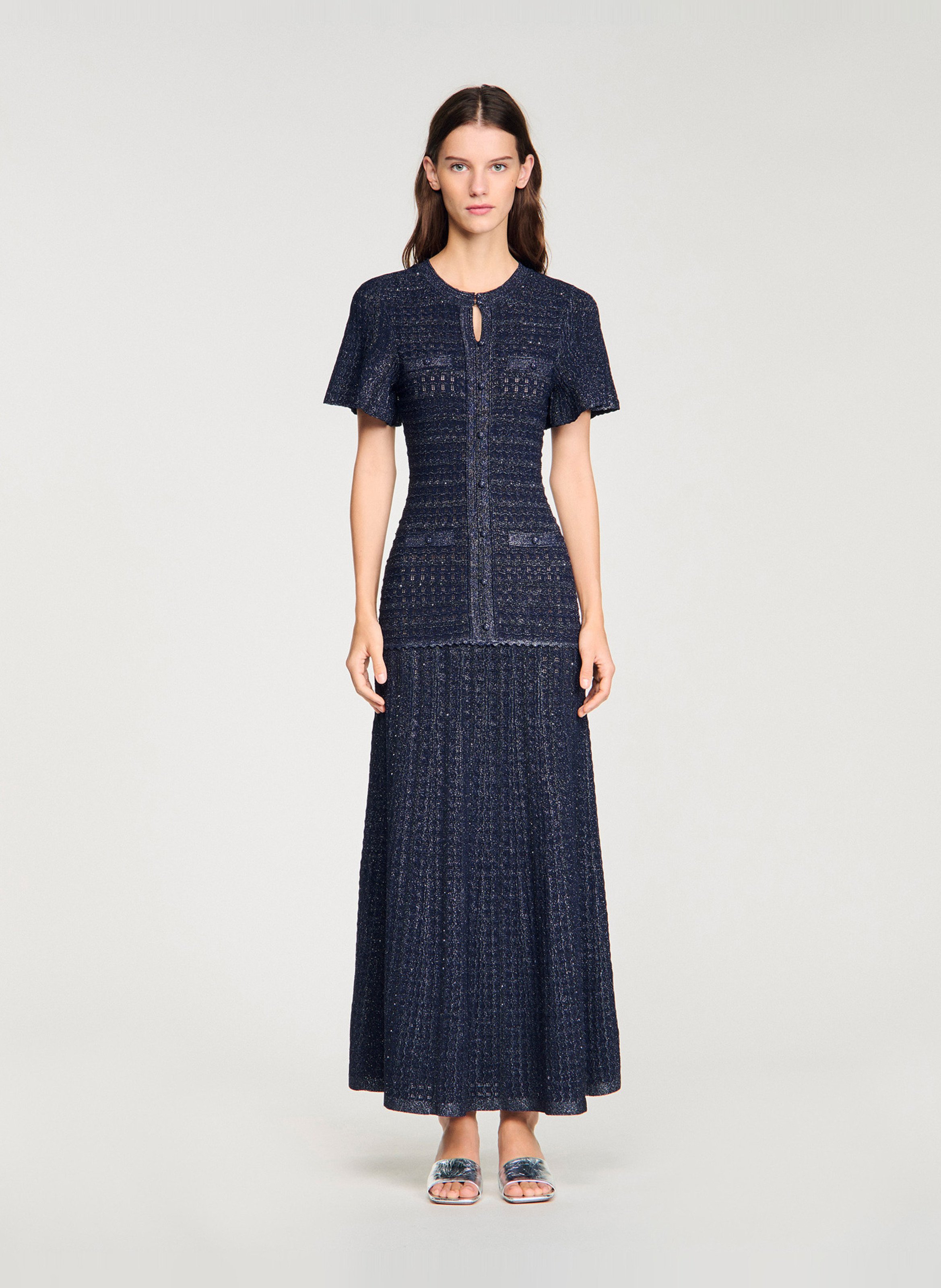 Robe longue ajustée en tweed pailleté SANDRO Bleu