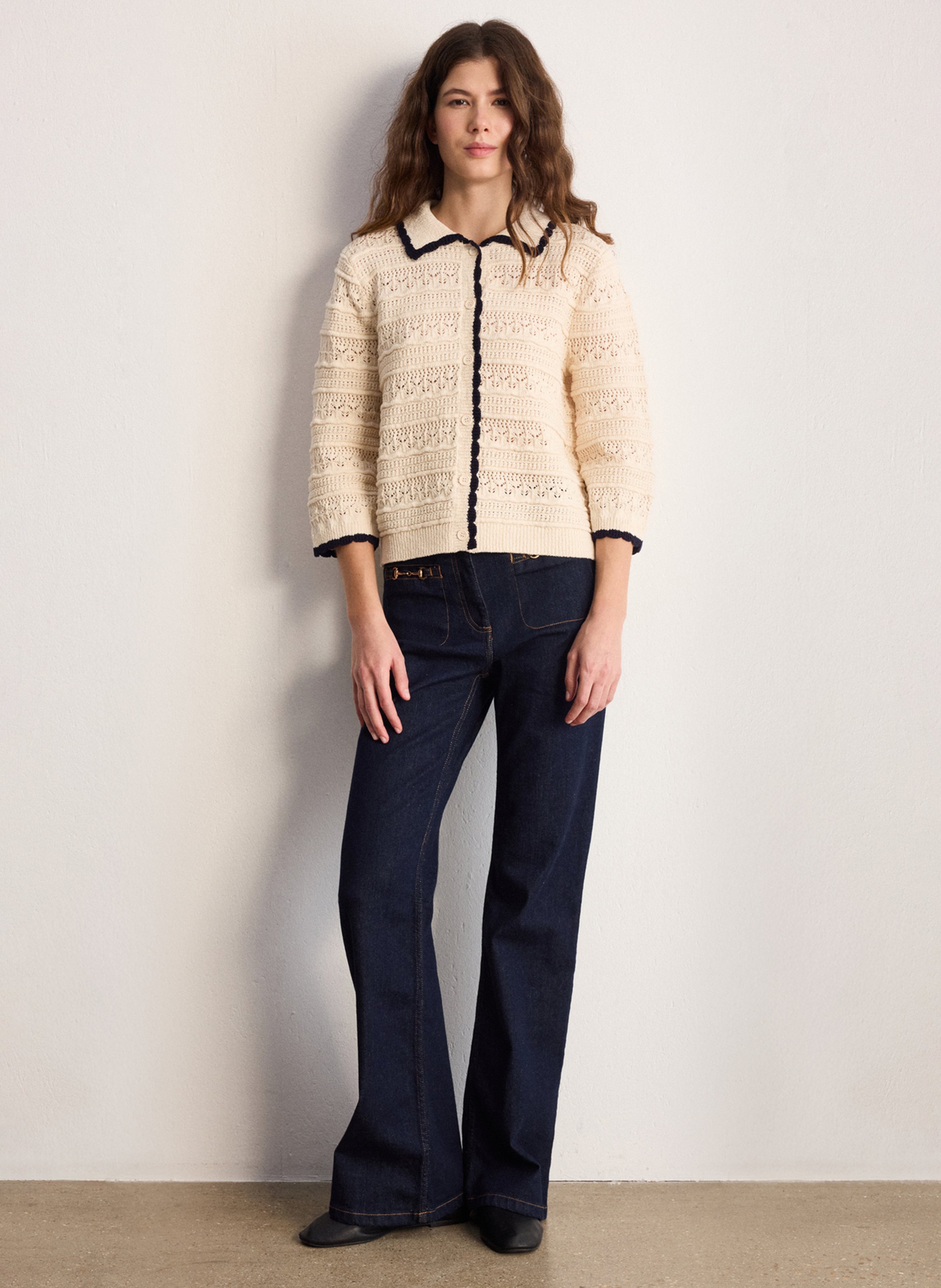 Gilet droit col classique en coton mélangé ajouré PABLO Beige