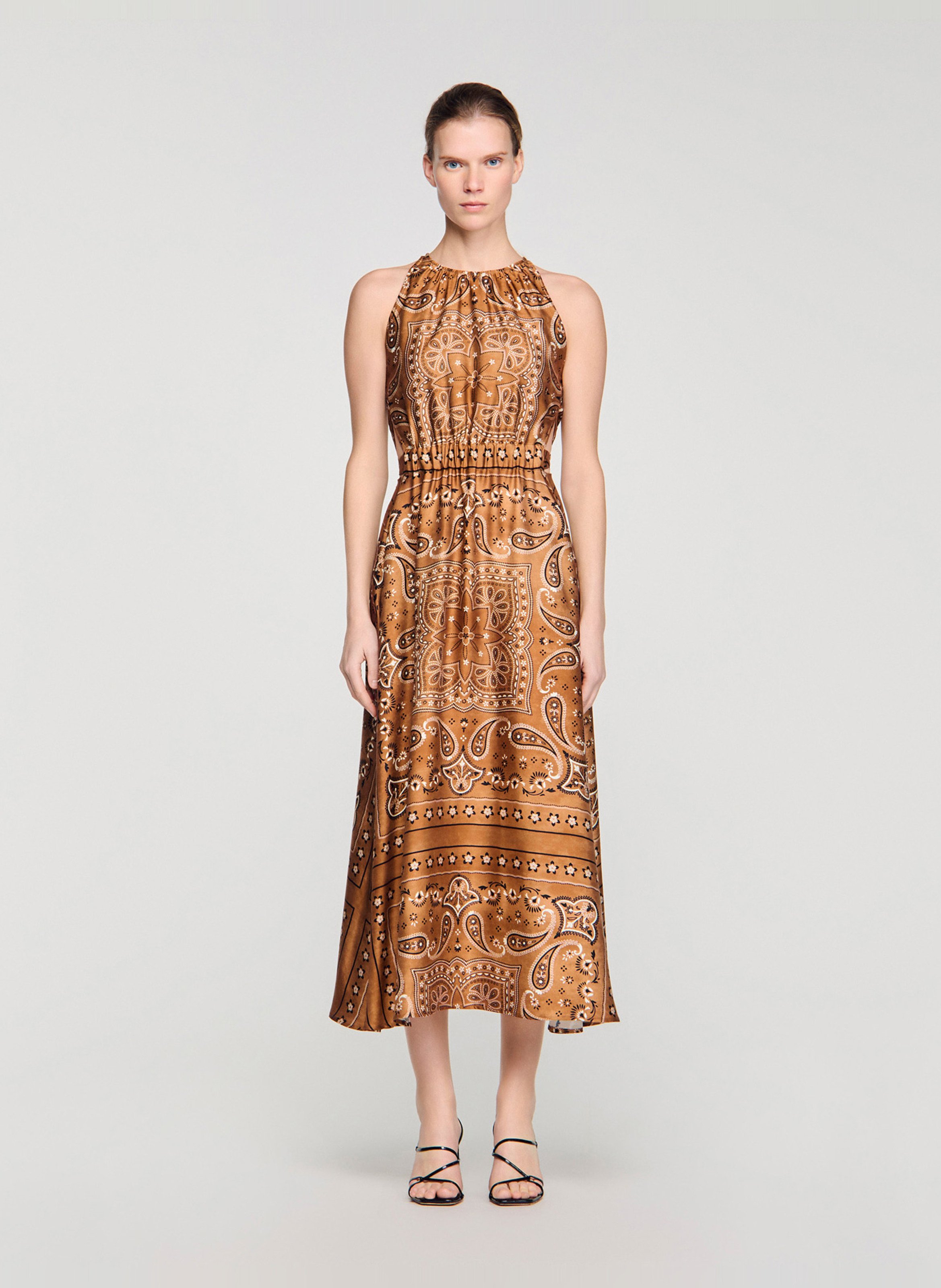 Long printed round-neck dress SANDRO Brown