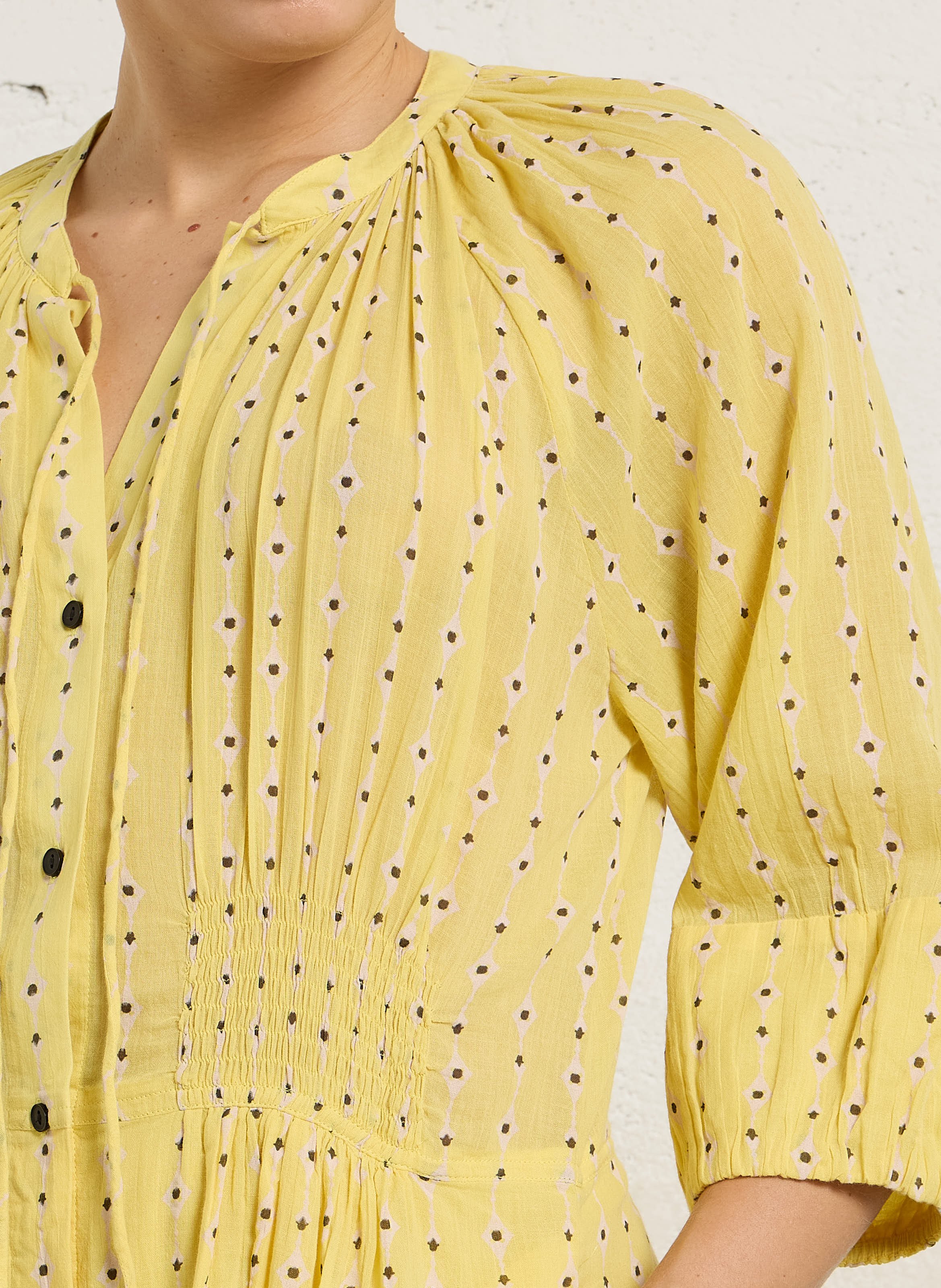 Langes Rundhals-Bio-Baumwolldruckkleid LEON & HARPER Gelb