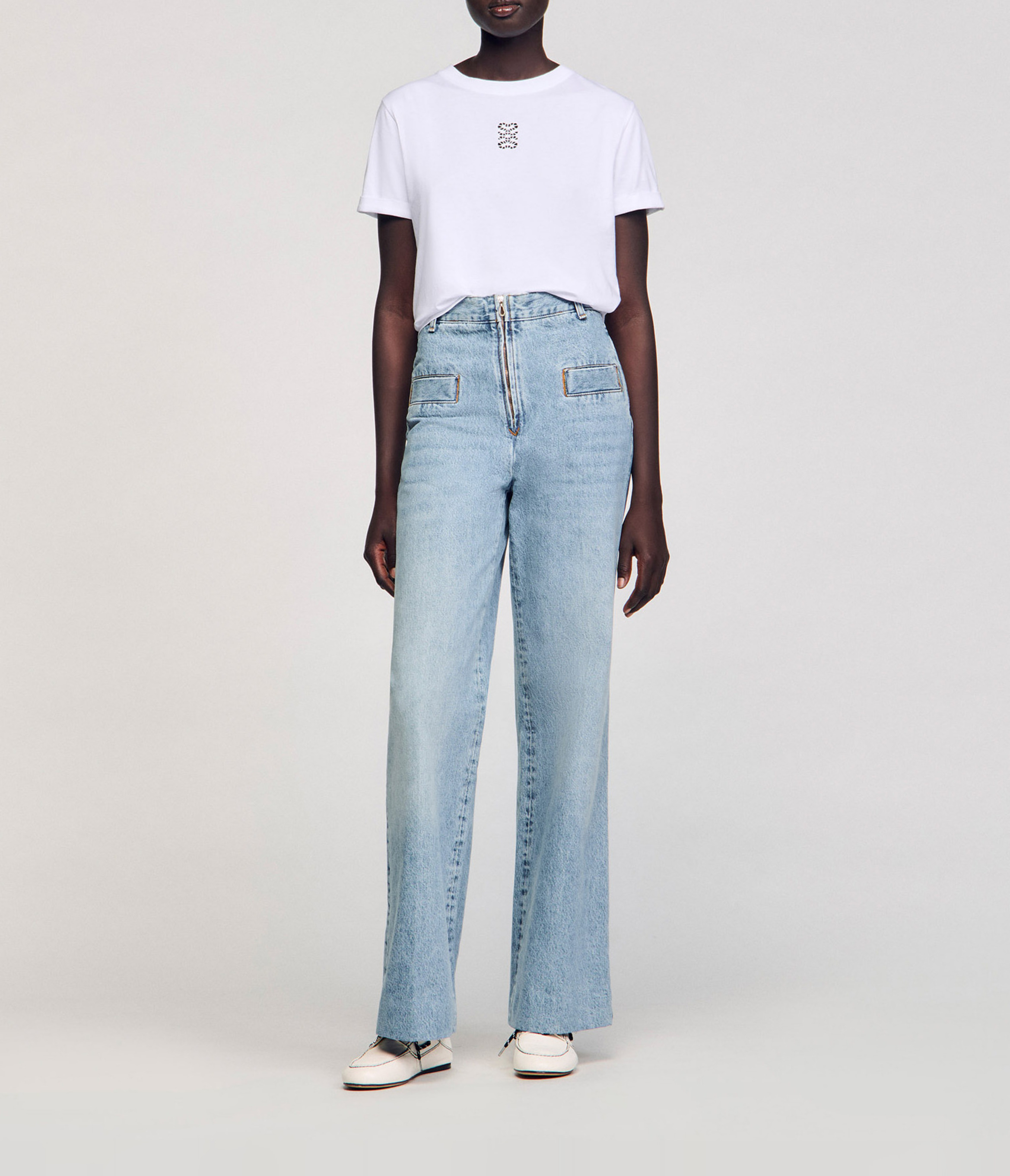 Tee-shirt droit col rond en coton SANDRO Blanc