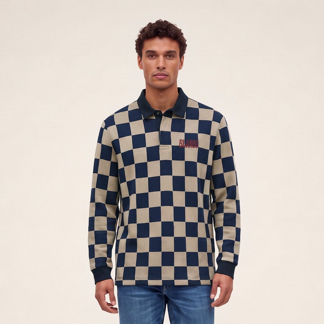 Long-sleeved rugby polo shirt with check print and Blanco embroidery in travertine beige SERGE BLANCO Beige