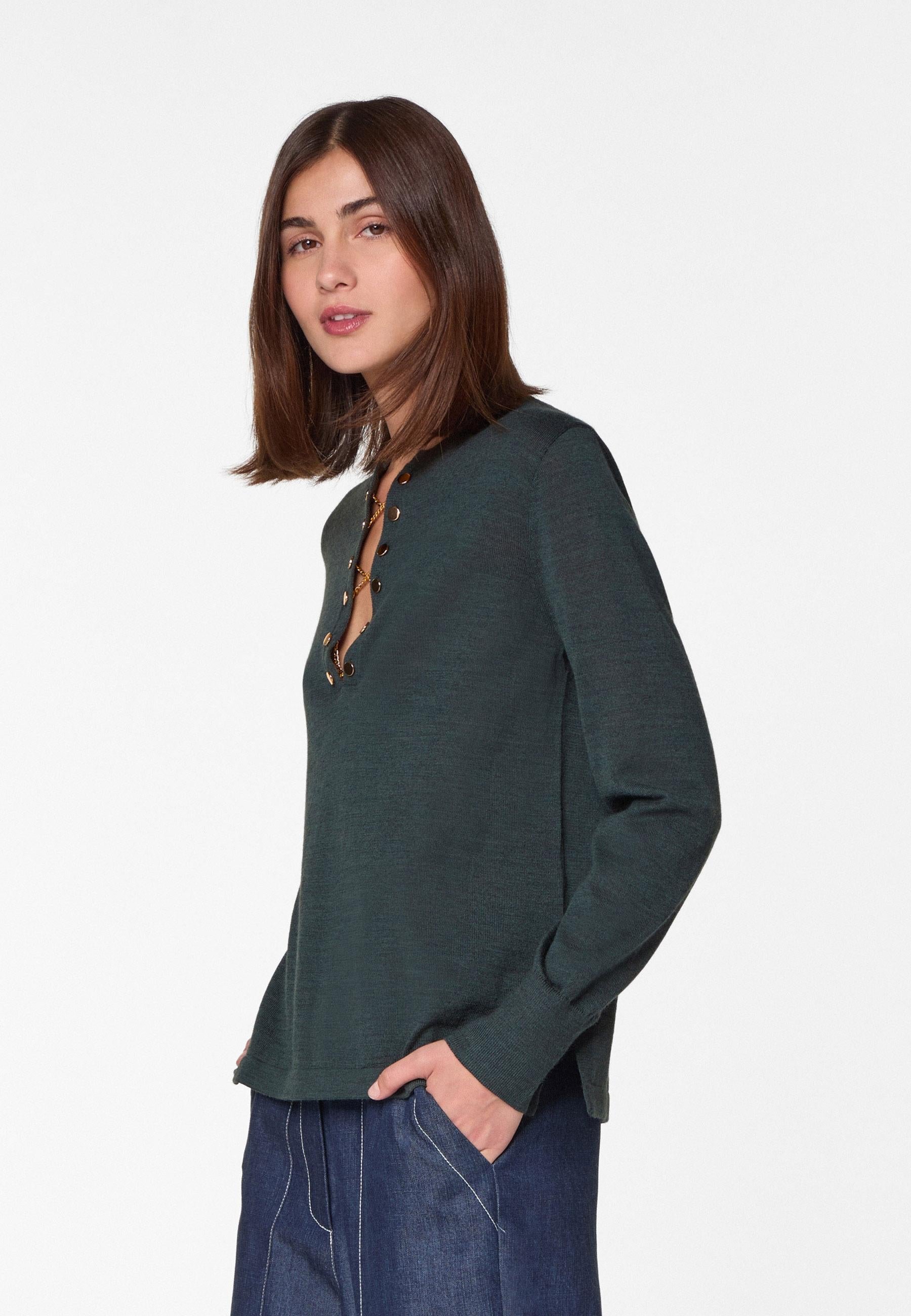 Grandad-collar merino wool sweater RODIER Green