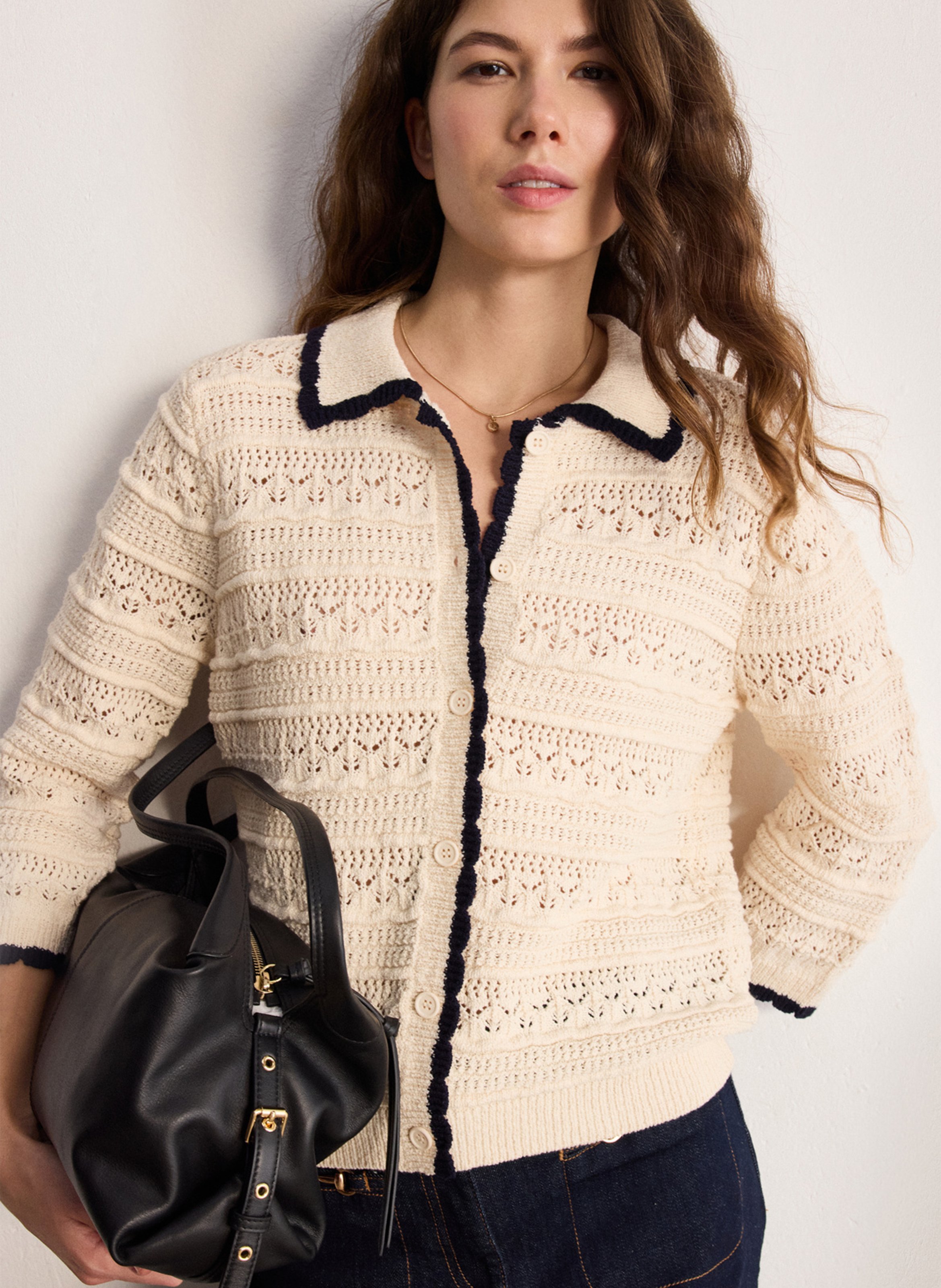 Gilet droit col classique en coton mélangé ajouré PABLO Beige