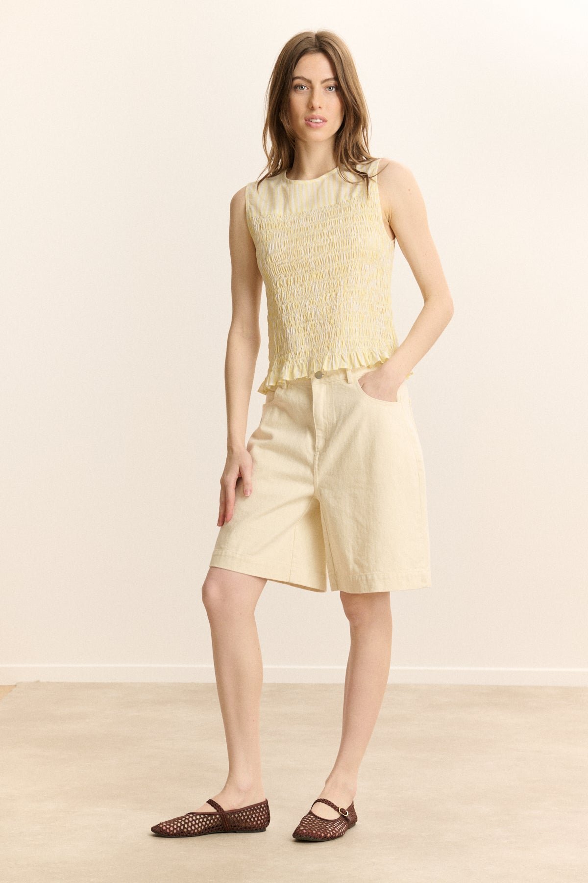 Sleeveless Striped Smocked Top GARANCE PARIS Yellow