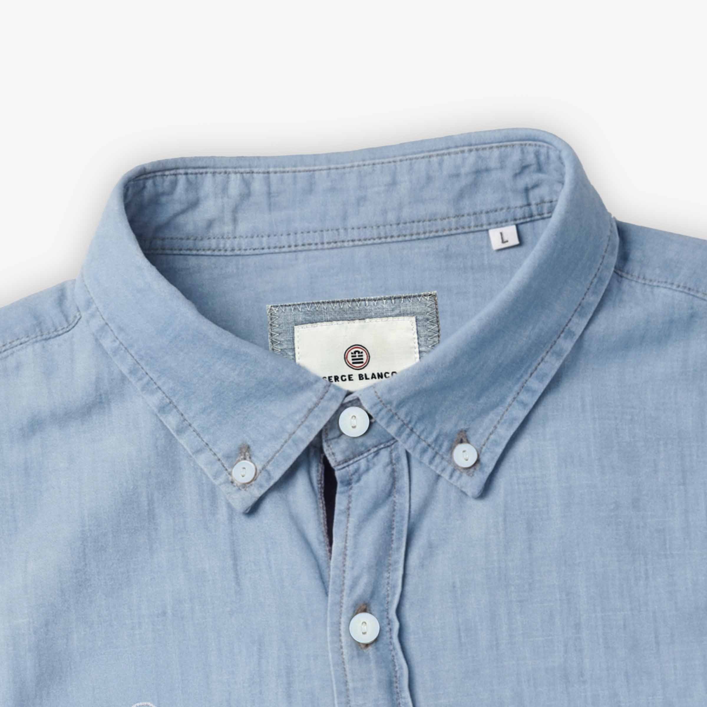 Long-sleeved cotton shirt with tricolor trim embroidery. SERGE BLANCO Blue