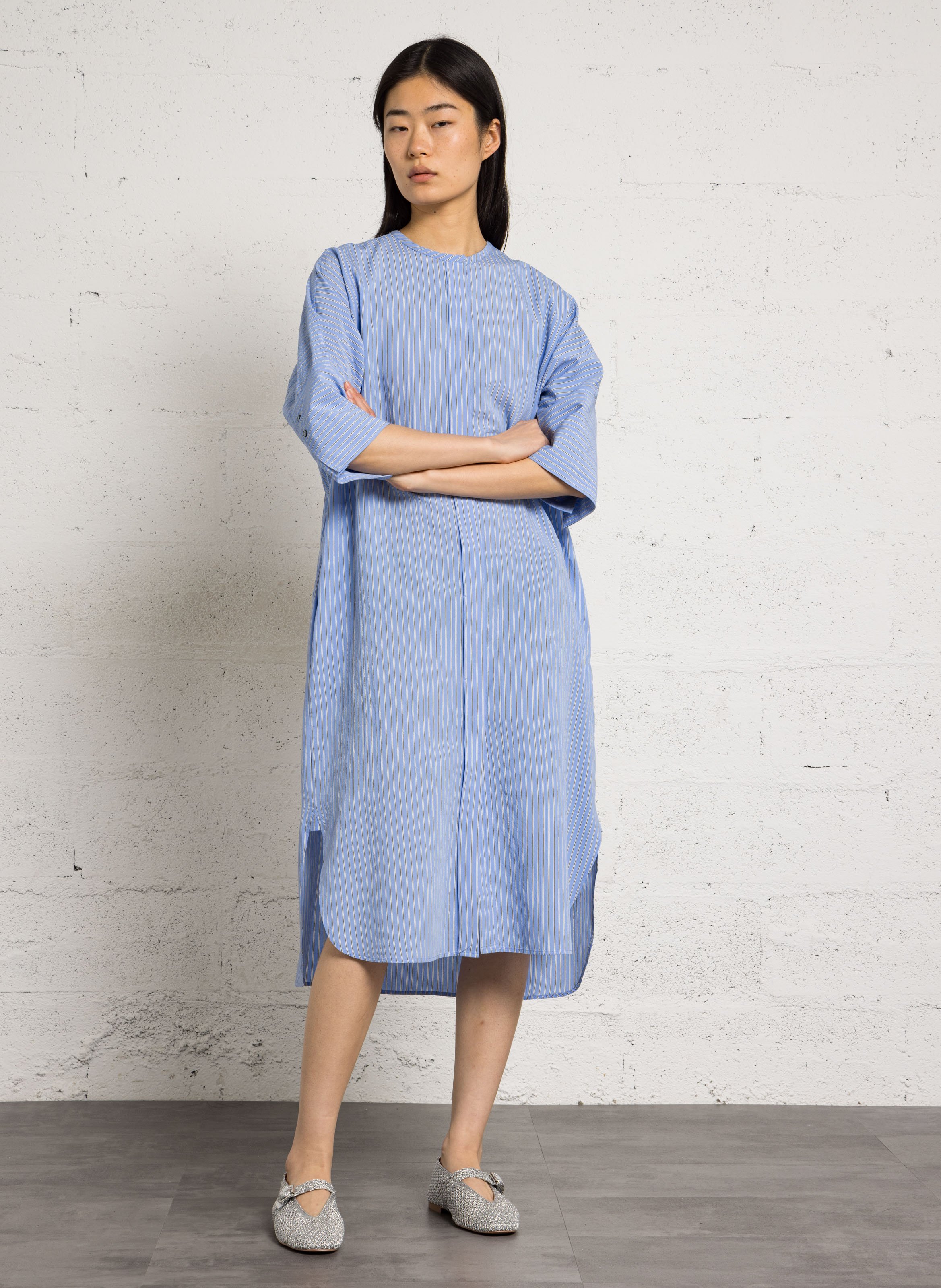 Langes, bedrucktes Kleid mit Rundhalsausschnitt POMANDERE Blau