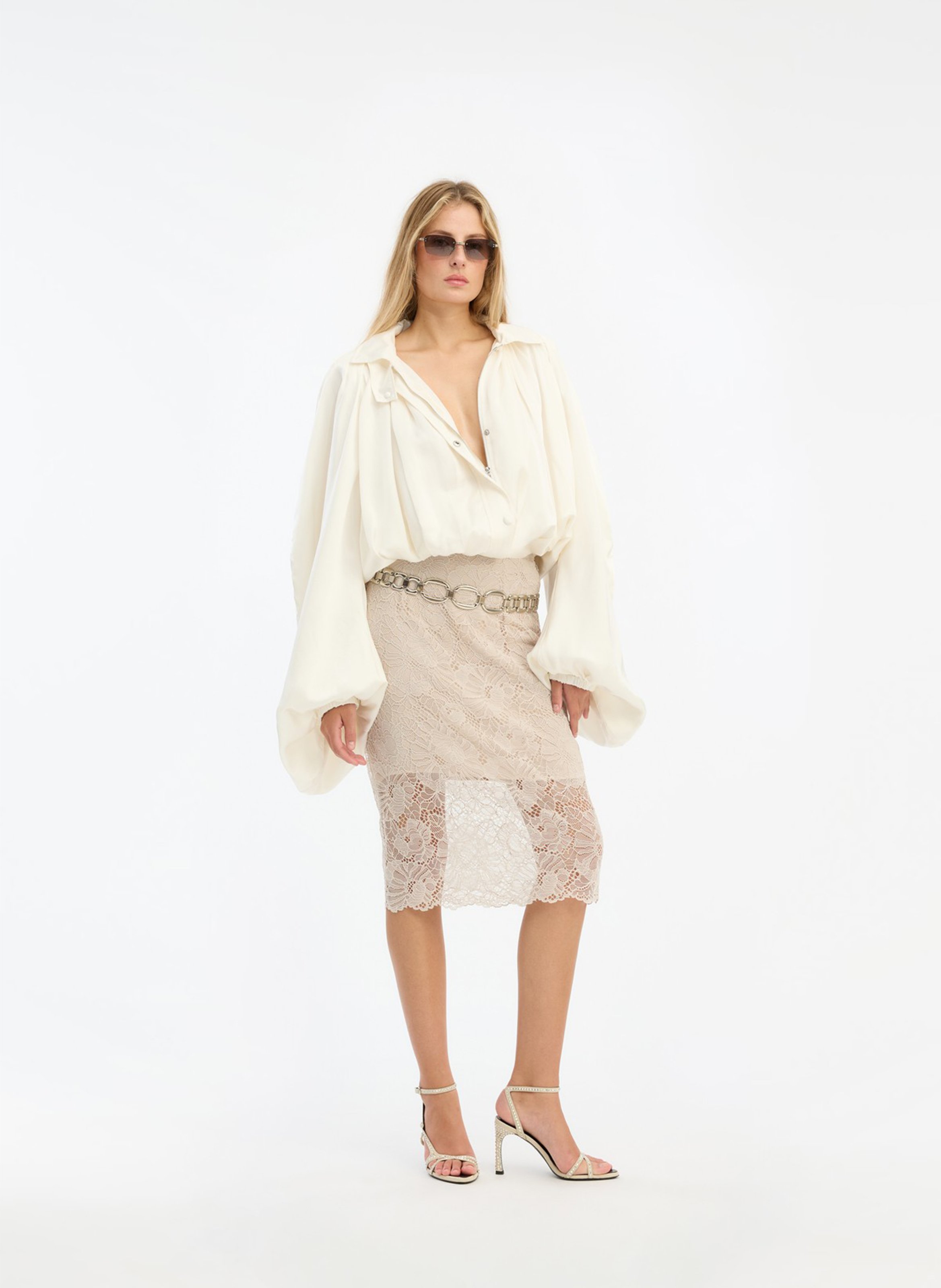 Satin high-neck loose blouse ROTATE White