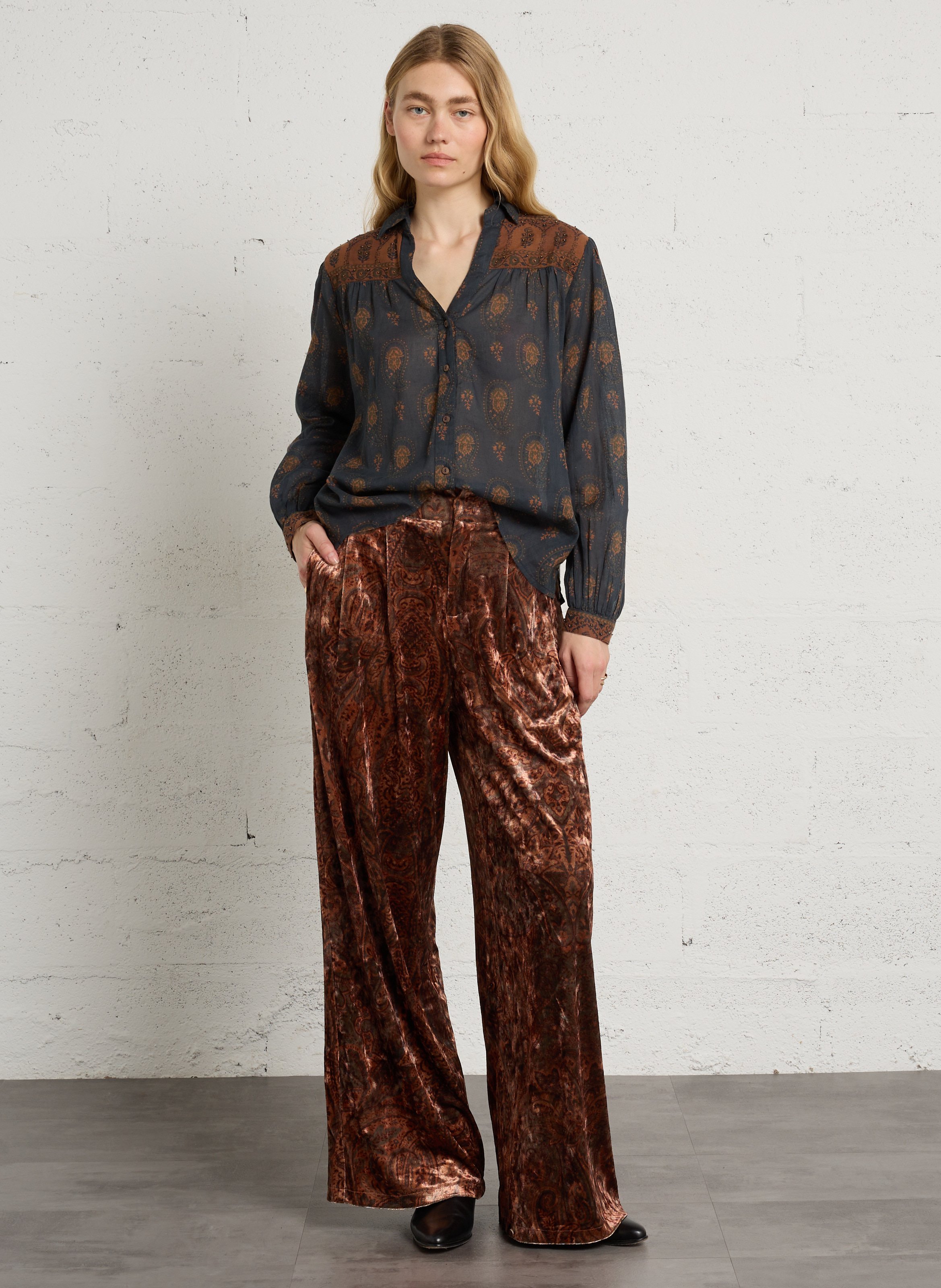 Pantalon large imprimé en velours SEE U SOON Kaki