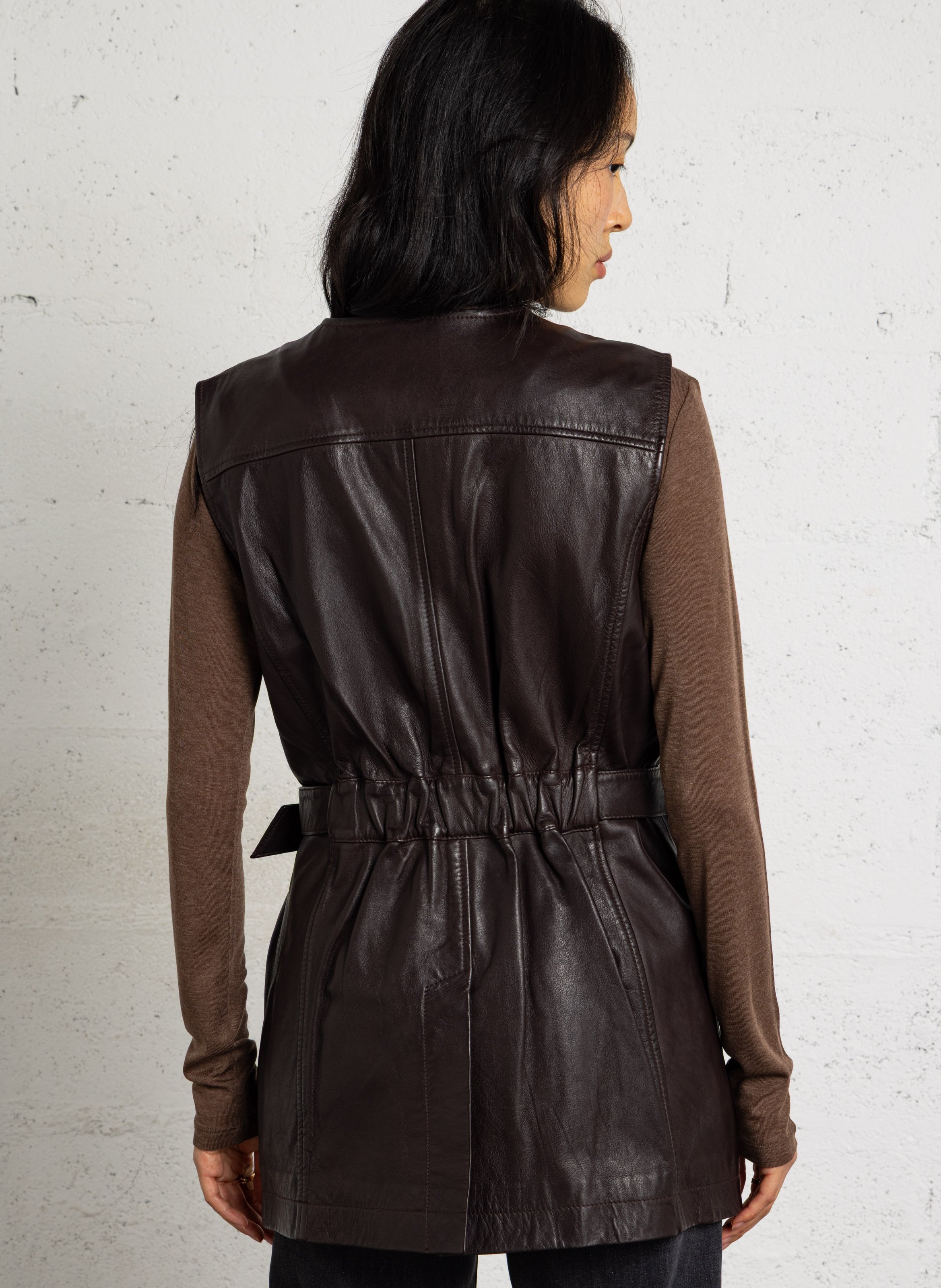 Veste cintrée sans manche en cuir  IKKS Marron