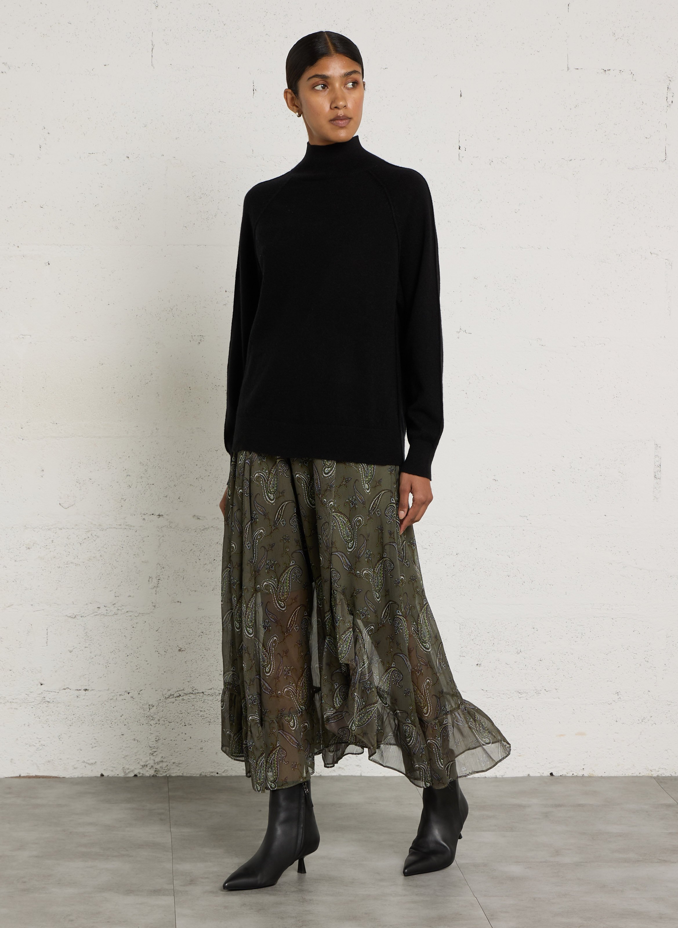 Langer, asymmetrischer Rock mit Print IKKS Khaki