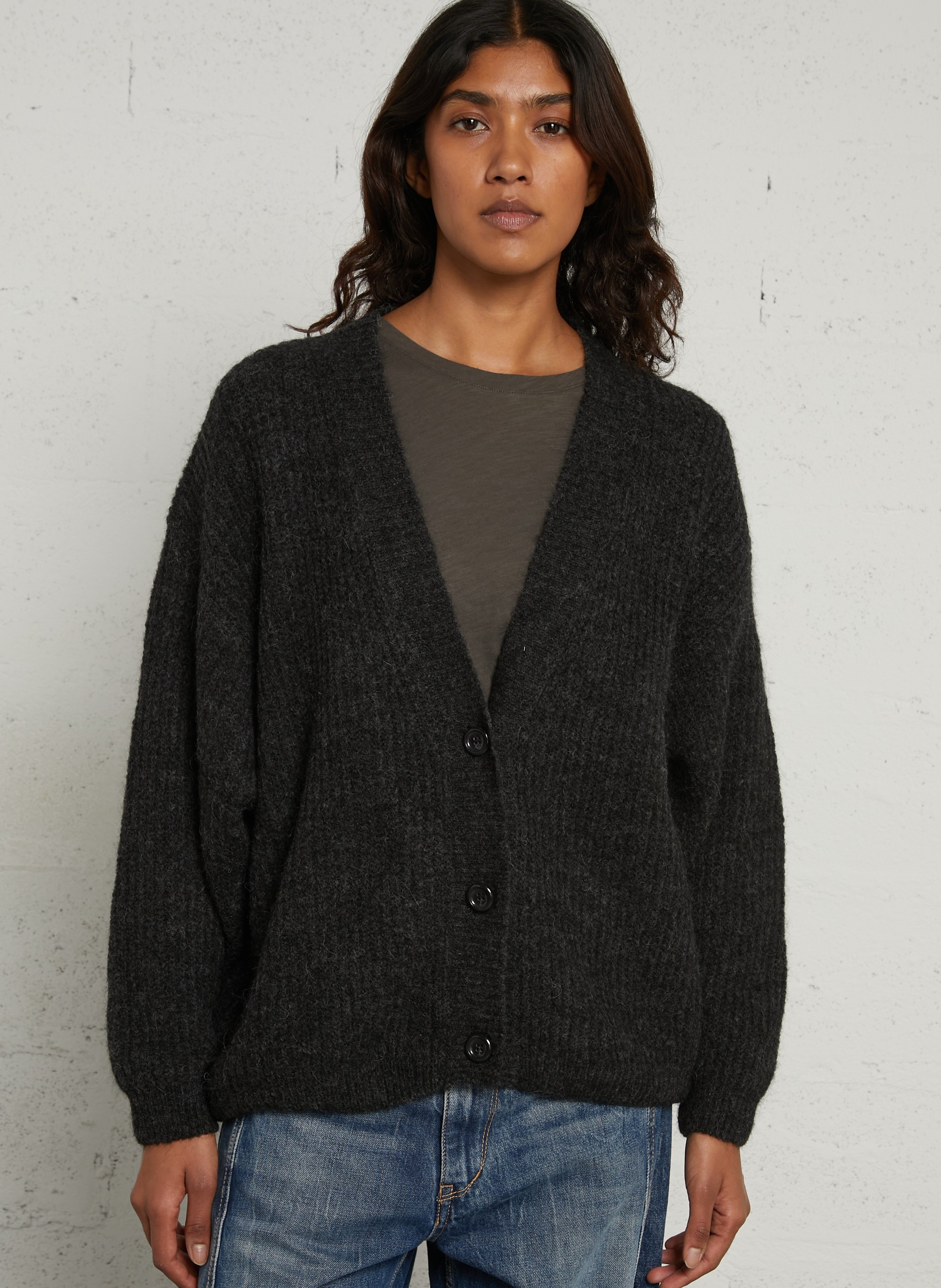 Loose-fit mixed-knit V-neck cardigan AMERICAN VINTAGE Grey