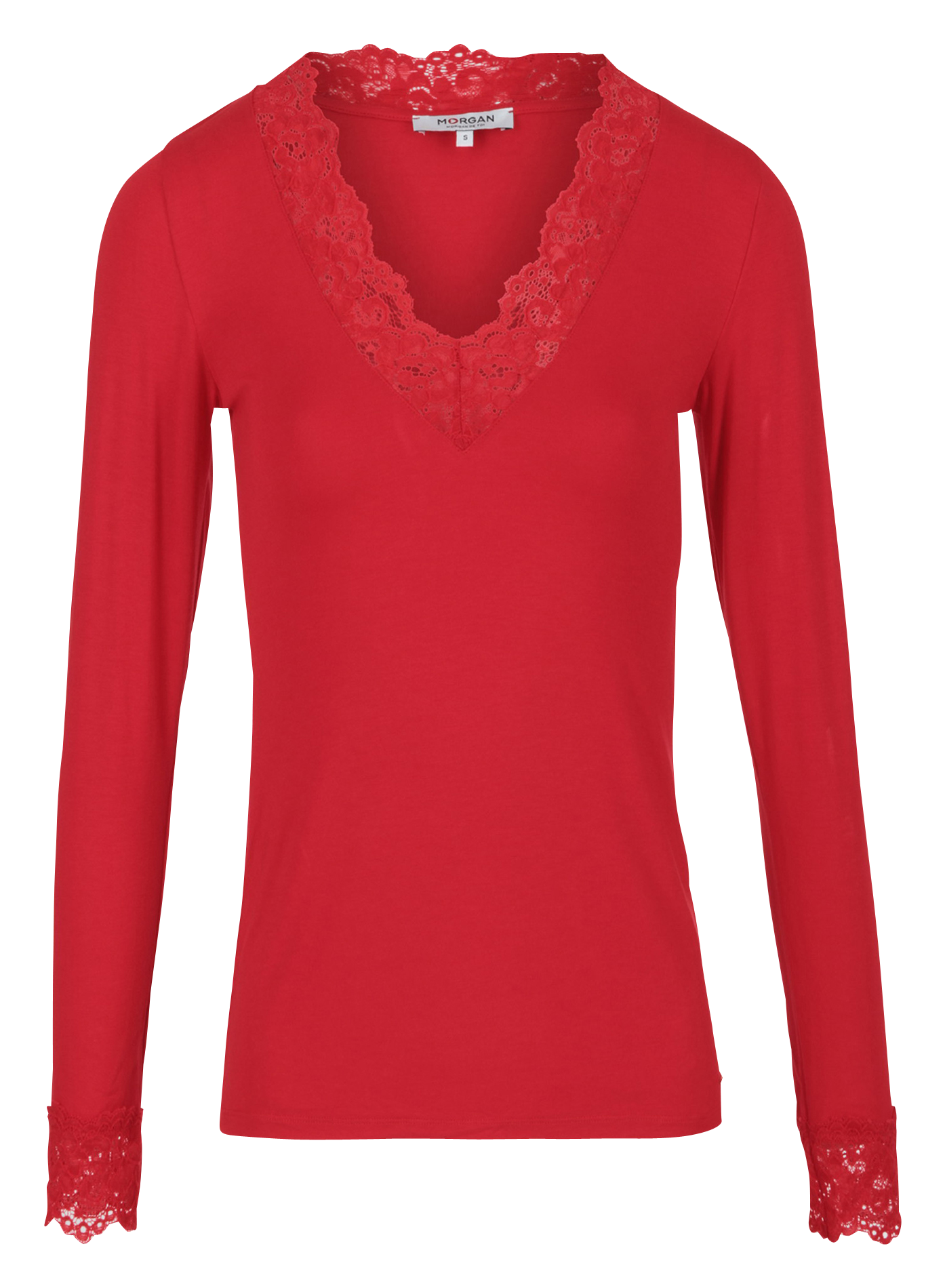 Pullover mit V-Ausschnitt und Spitzendetails MORGAN Rot
