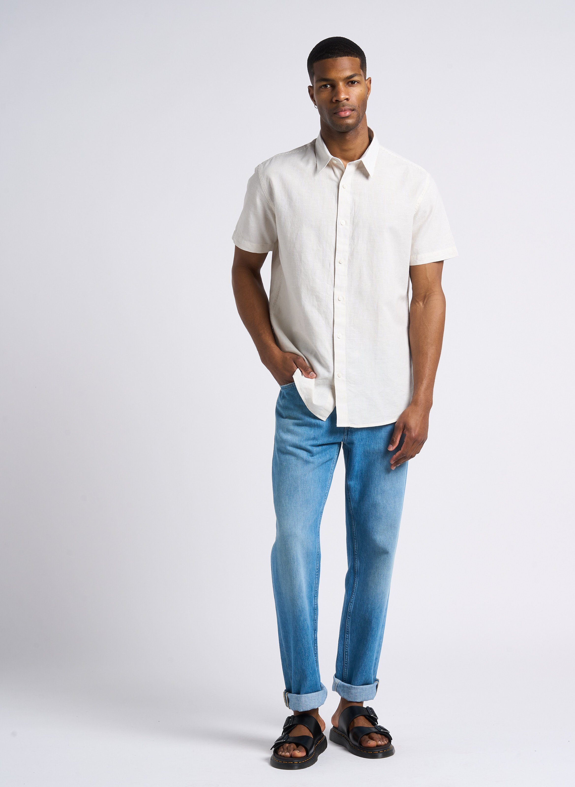 Chemise rayée en coton et lin SELECTED Beige