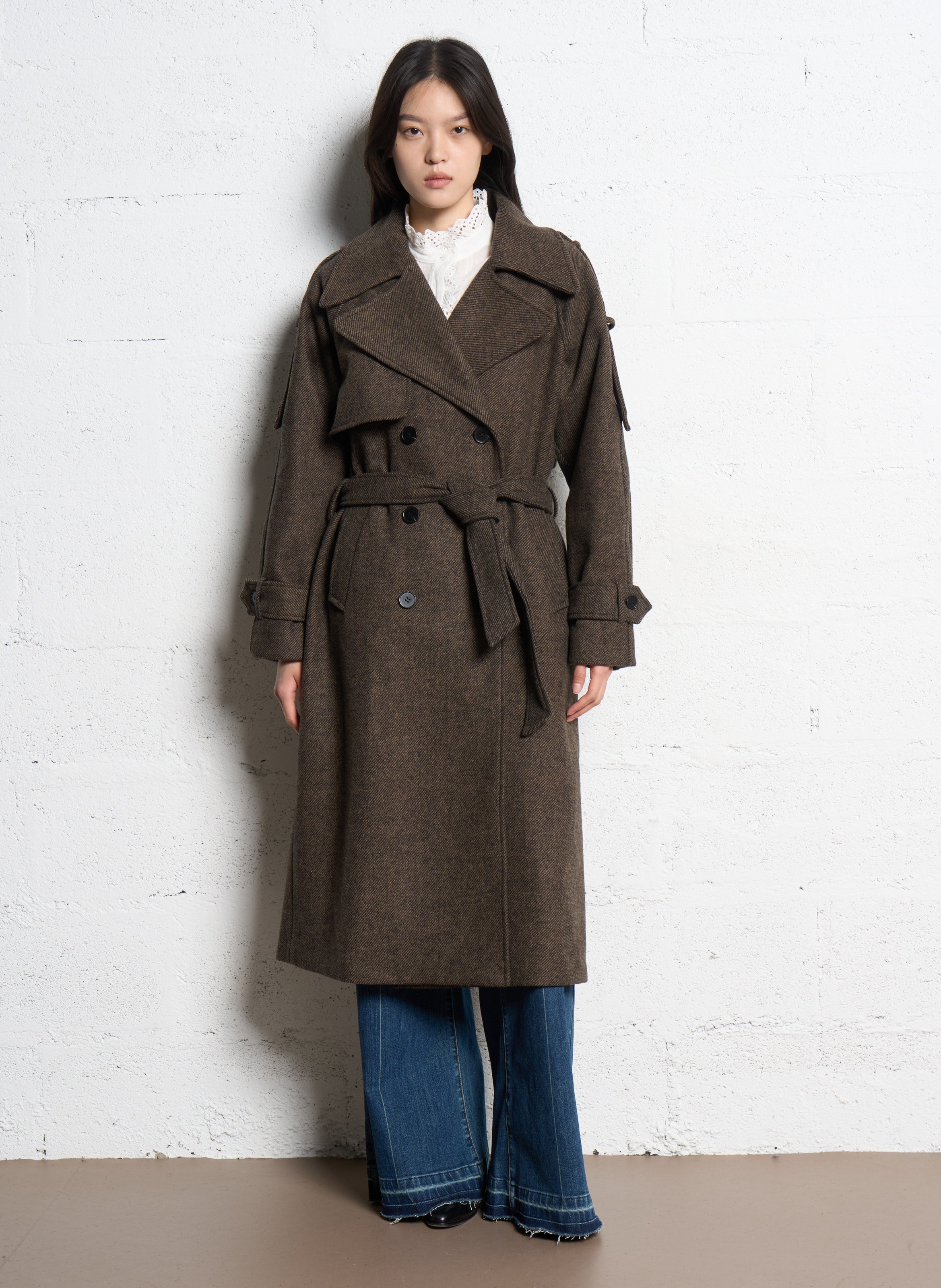 Langmantel mit Knopfleiste und Gürtel SUNCOO Braun