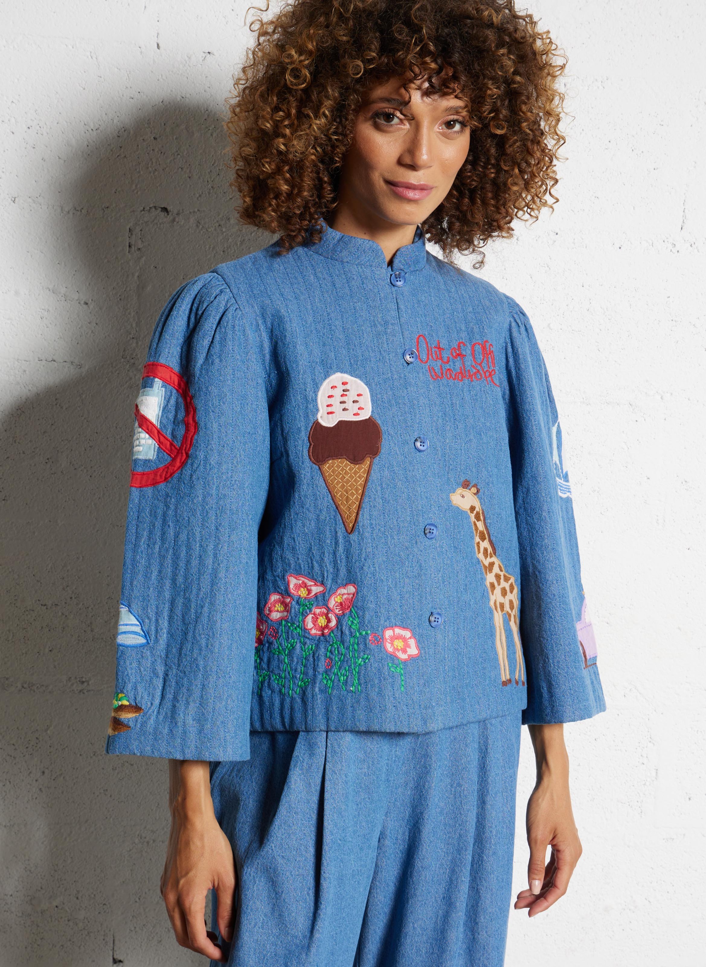 Veste col montant en denim de coton STELLA NOVA Bleu