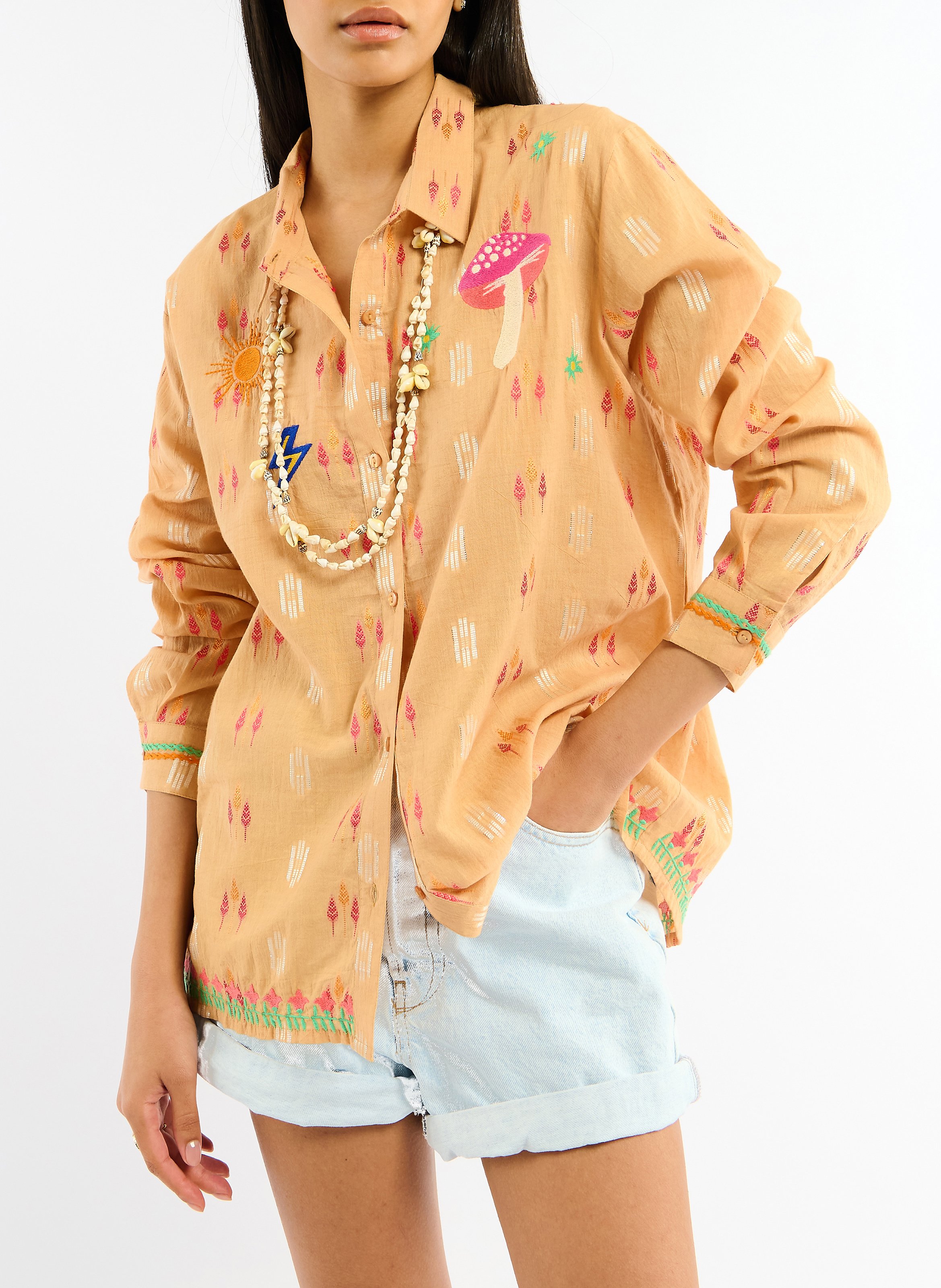 Straight classic collar shirt in printed blended cotton WILD Brown