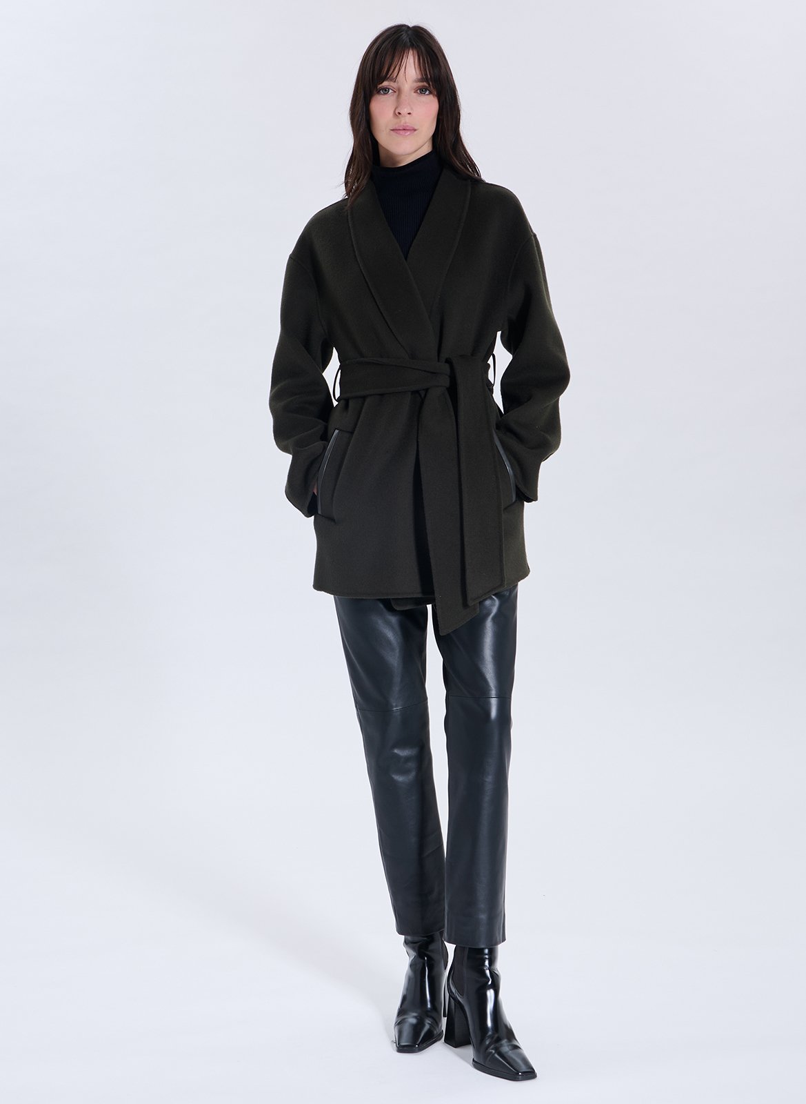 Short belted wool-mix coat ZAPA Khaki