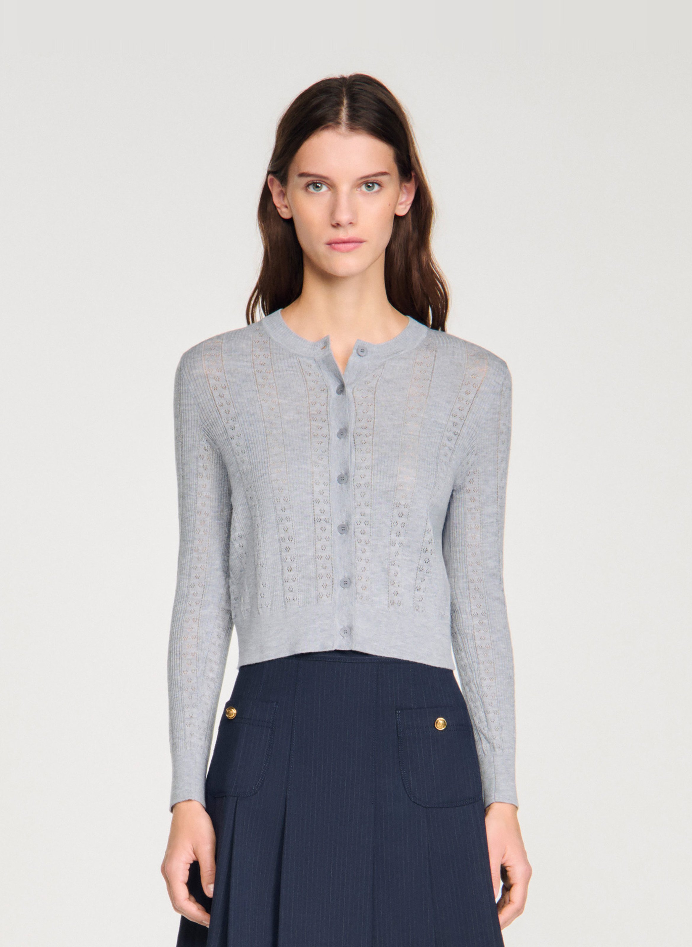 Gilet droit col rond en laine SANDRO Gris